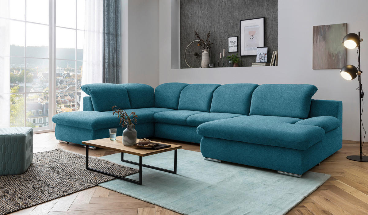 WOHNLANDSCHAFT in Chenille Blau  - Chromfarben/Blau, Design, Textil/Metall (212/353/165cm) - Livetastic