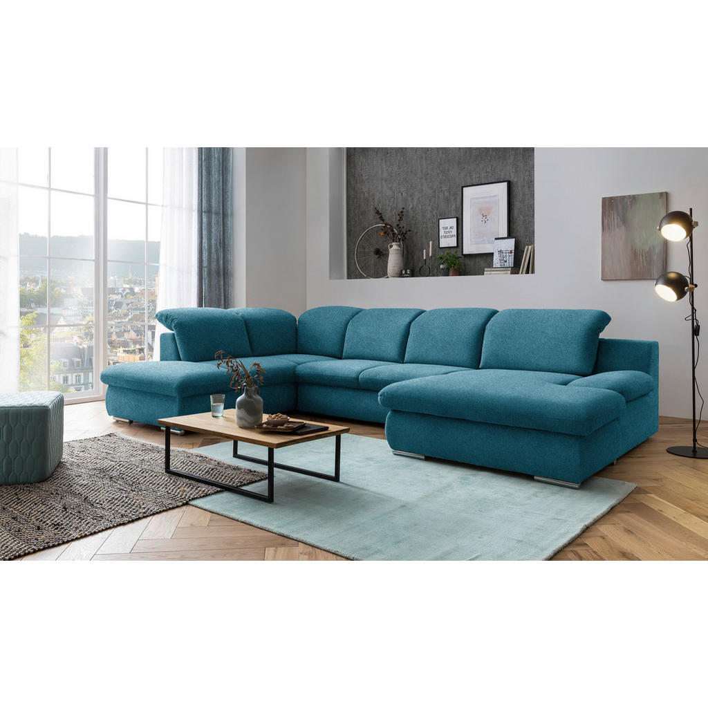 Thumbnail - Livetastic Wohnlandschaft, Blau, Textil, 4-Sitzer, Ottomane links, U-Form, 353x212 cm, Made in EU, seitenverkehrt erhält...