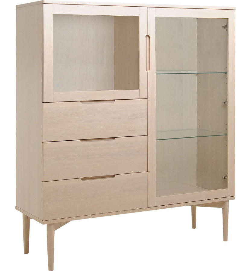 VITRINSKÅP  i faner, delar i massivt trä ek ekfärgad, vit  - vit/ekfärgad, Design, metall/glas (140/120/41cm) - Best Price