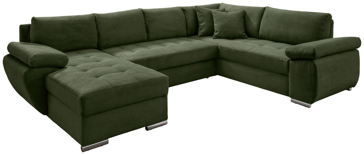 WOHNLANDSCHAFT  in Cord Dunkelgrün  - Chromfarben/Dunkelgrün, KONVENTIONELL, Textil/Metall (157/305/219cm) - Livetastic