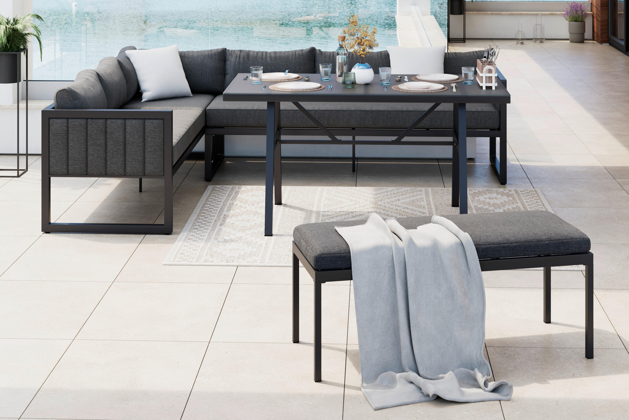 Ambia Garden JEDÁLENSKÁ TERASOVÁ SÚPRAVA 4-dielne, kov, sklo, textil