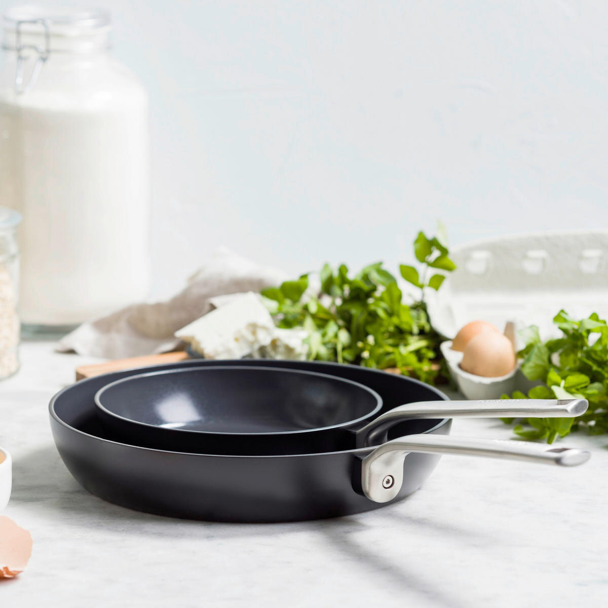 PFANNENSET Evolution Aluminium, Edelstahl 2-teilig  - Edelstahlfarben/Schwarz, Basics, Metall (20 + 28cm) - GreenPan