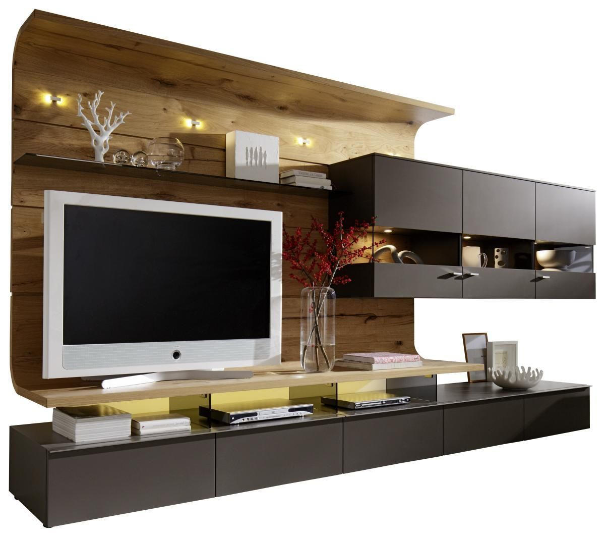 WOHNWAND Eiche furniert Taupe, Honig Befestigungsmaterial - Taupe/Edelstahlfarben, Design, Glas/Holz (357,5/186,8/55,7cm) - Moderano