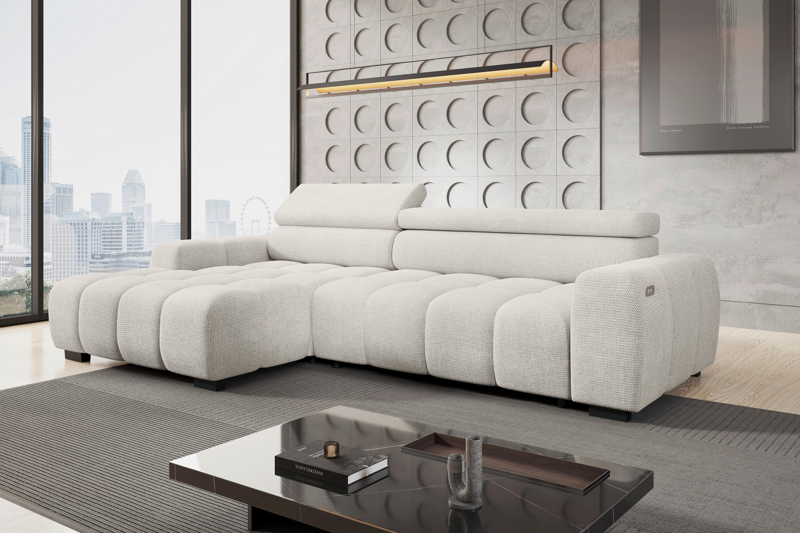 ECKSOFA Greige Webstoff  - Greige/Schwarz, Trend, Kunststoff/Textil (168/285cm) - Livetastic