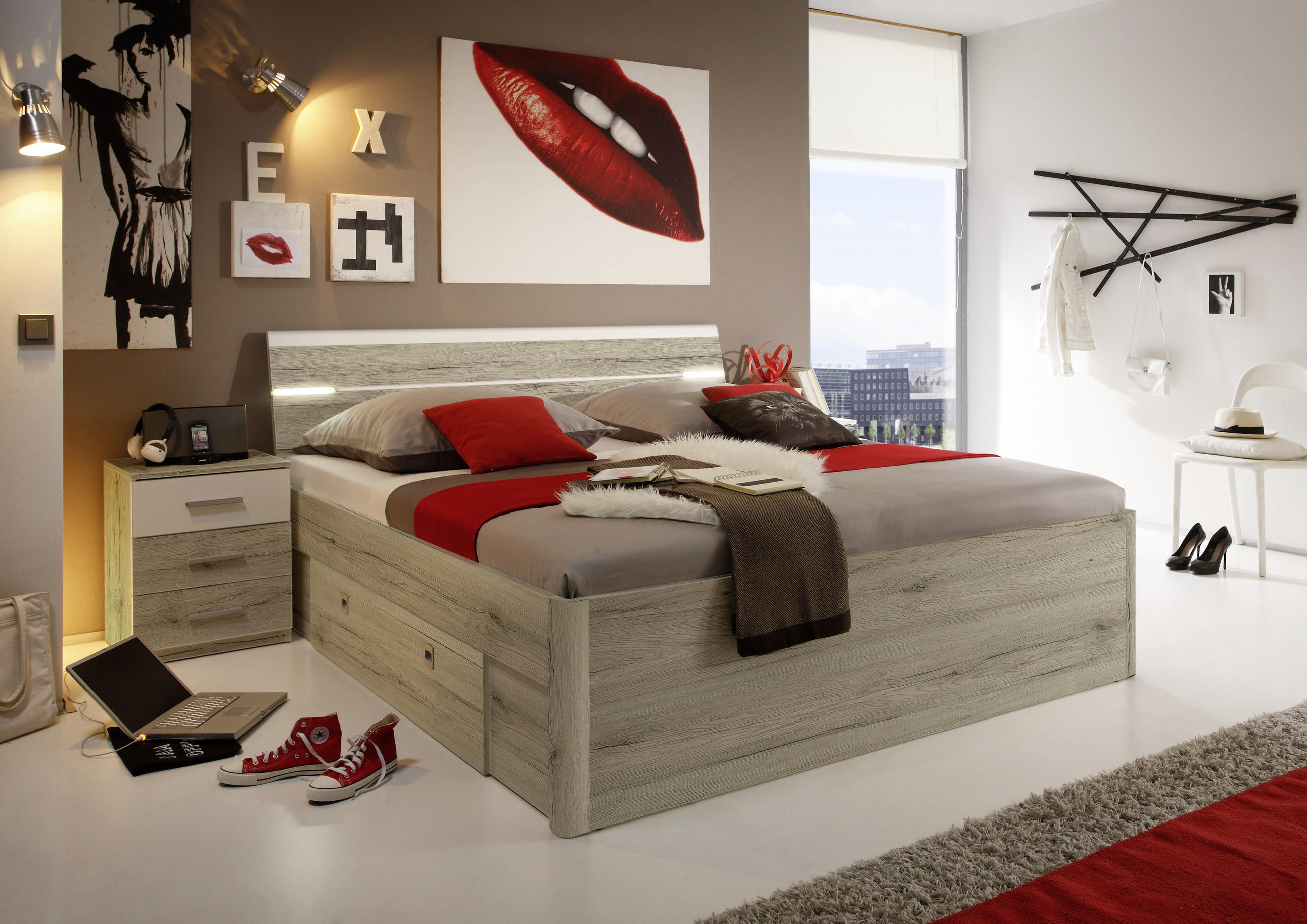 POSTELJA S PREDALOM 180 cm x 200 cm , barve hrasta, bela - barve hrasta/bela, Design, leseni material (180/200cm) - Xora