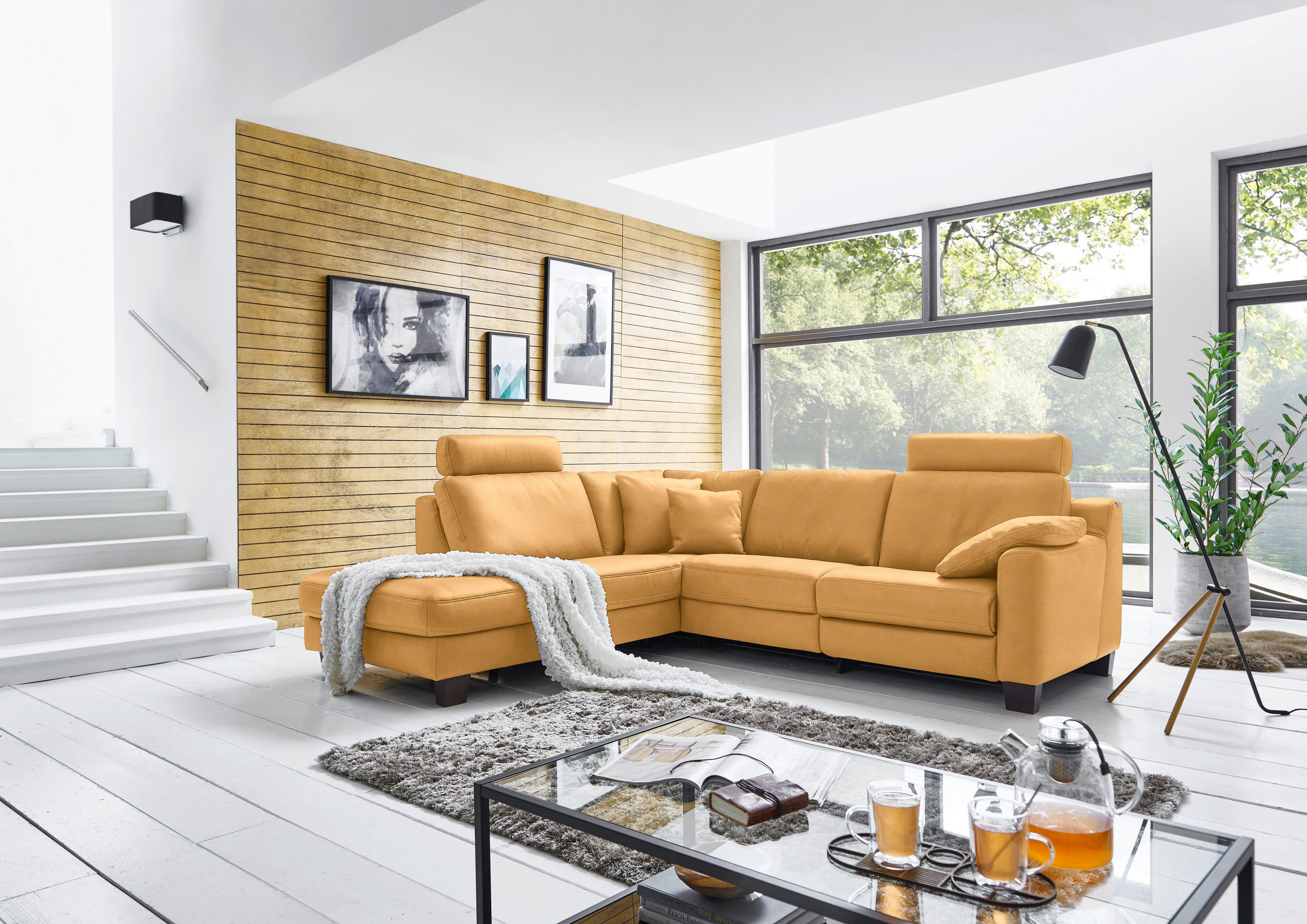ECKSOFA in Echtleder Currygelb  - Currygelb/Eichefarben, Design, Leder/Holz (235/259cm) - Valdera