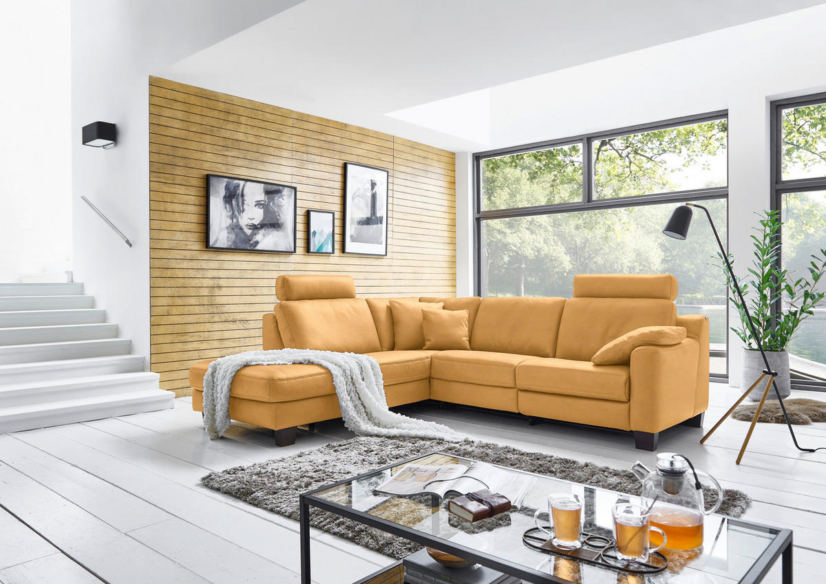 ECKSOFA in Echtleder Currygelb  235/259 cm  - Currygelb/Eichefarben, Design, Leder/Holz (235/259cm) - Valdera