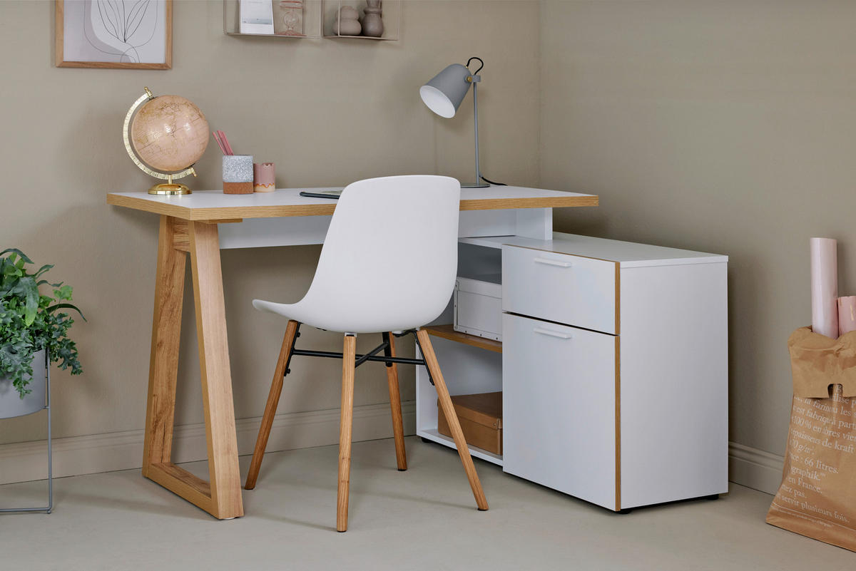 BUREAU D'ANGLE 120-130/55-95/76,2 cm  in Weiss, Eichefarben  - Weiss/Eichefarben, Modern, Holzwerkstoff/Metall (120-130/55-95/76,2cm) - Novel