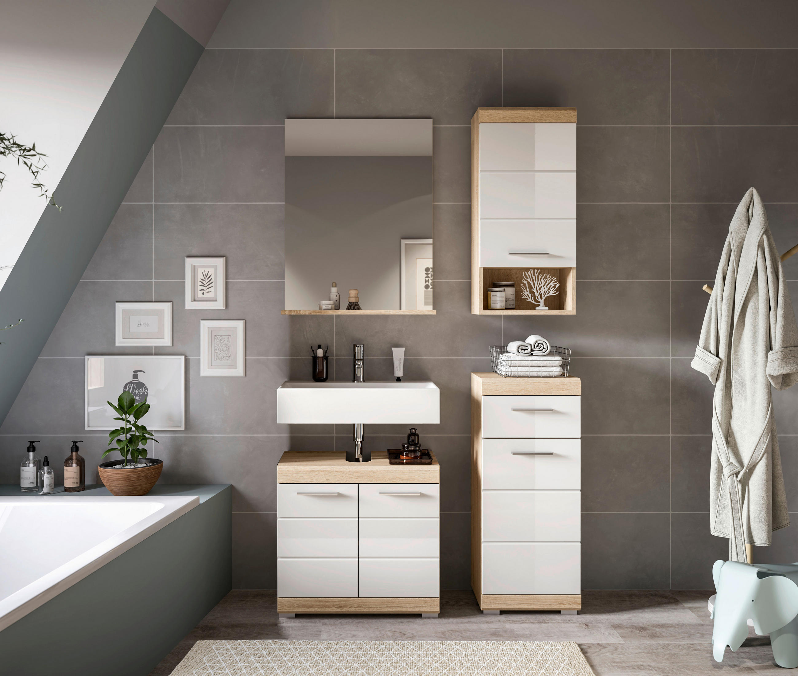 BADEZIMMER 4-teilig  in 97 cm  - Weiss Hochglanz/Silberfarben, Modern, Glas/Holzwerkstoff (97cm) - MID.YOU