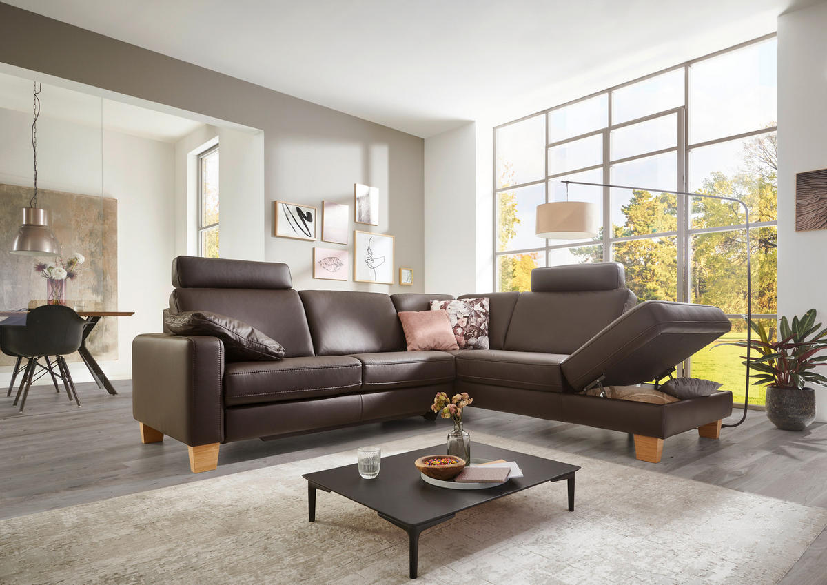 ECKSOFA Echtleder Dunkelbraun  - Eiche Bianco/Dunkelbraun, Natur, Leder/Holz (257/235cm) - Valdera