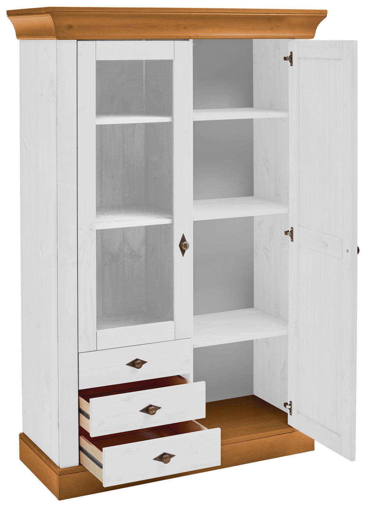 VITRINE in massiv Kiefer Weiß, Bernsteinfarben  - Bernsteinfarben/Weiß, ROMANTIK / LANDHAUS, Glas/Holz (108/163/45cm) - Boxxx
