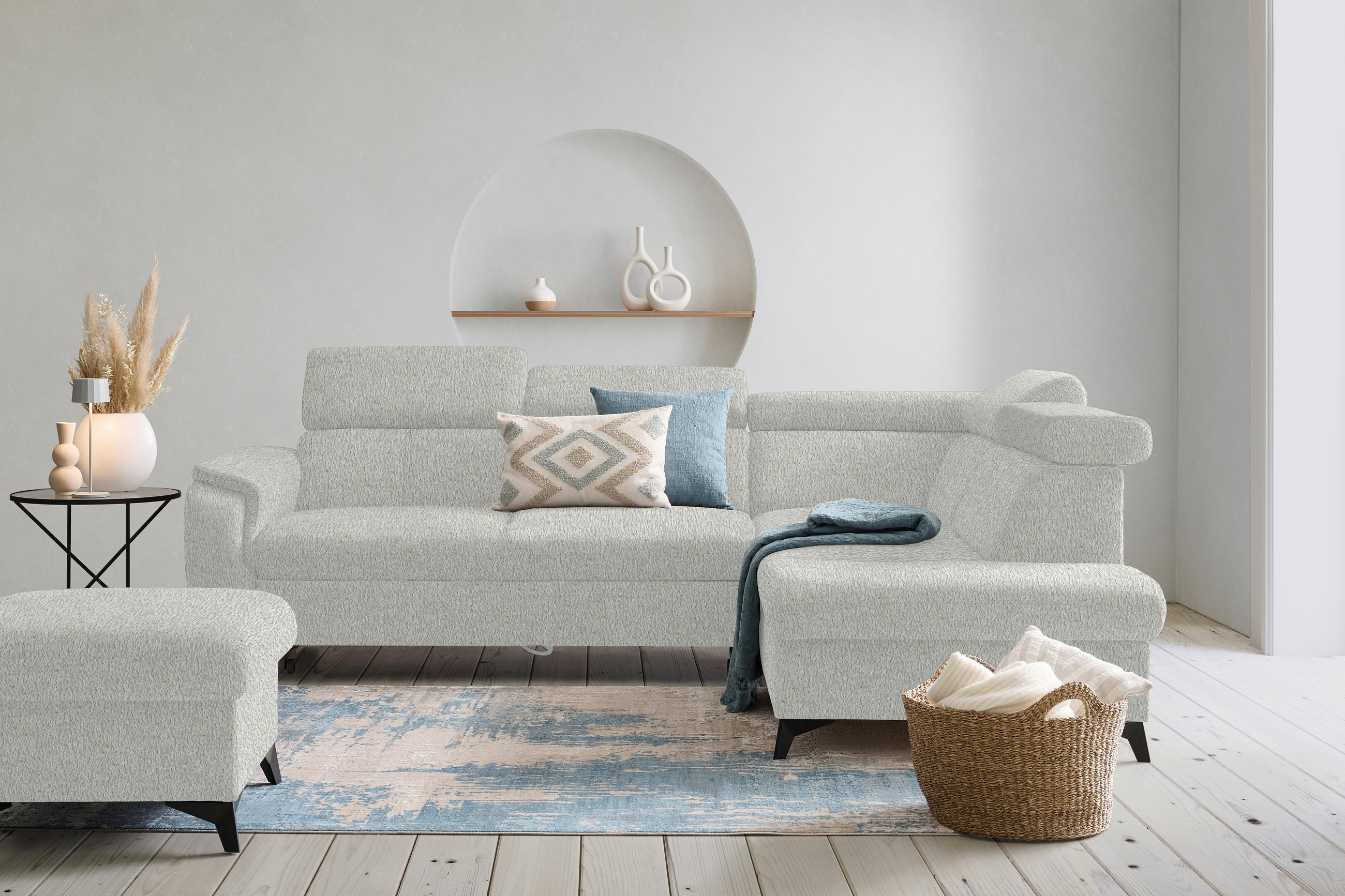 ECKSOFA in Teddystoff Silberfarben  - Silberfarben/Schwarz, Design, Textil/Metall (260/203cm) - Stylife