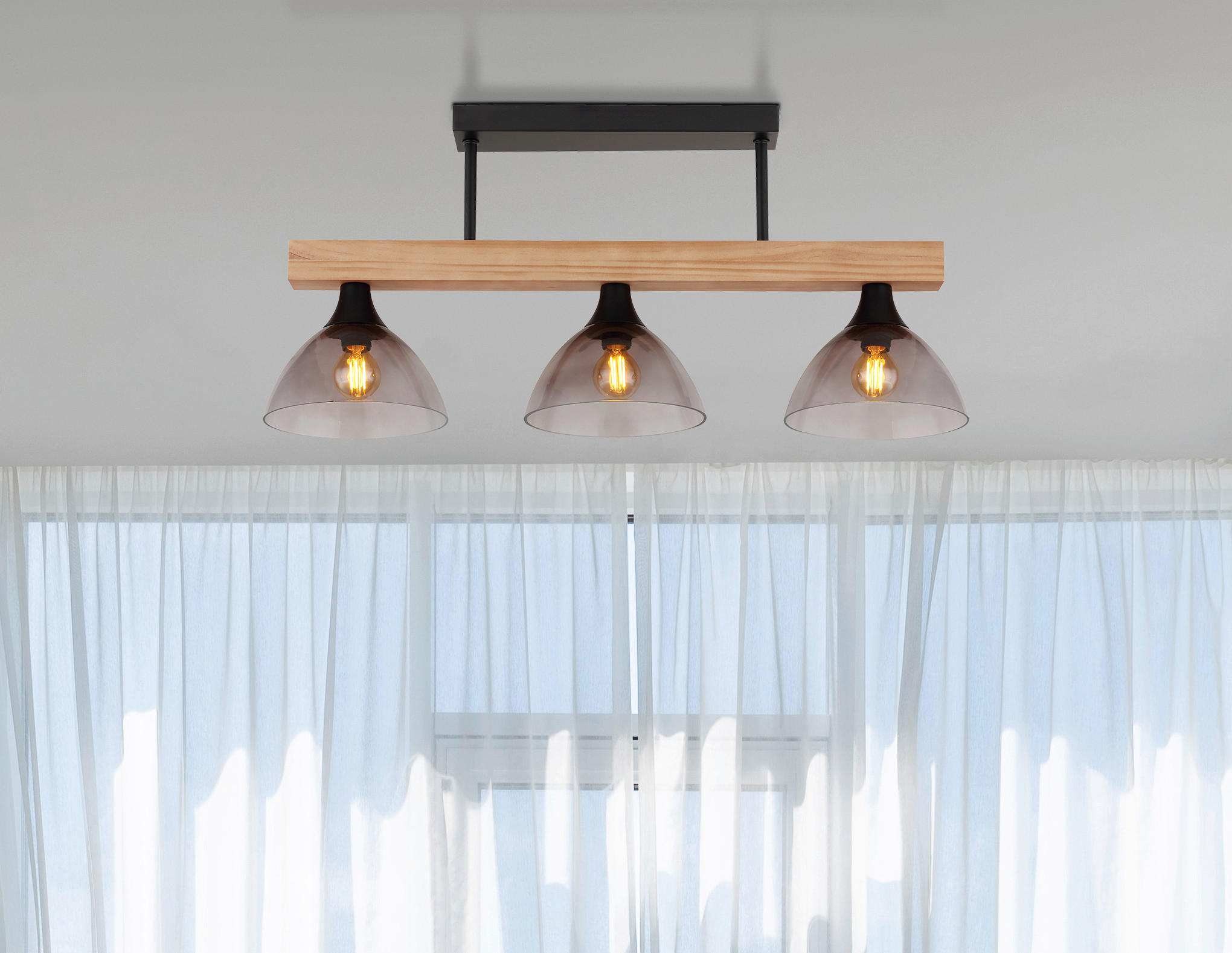 DECKENLEUCHTE Lindi 65/17/30 cm   - Schwarz/Naturfarben, Natur, Glas/Holz (65/17/30cm) - Globo