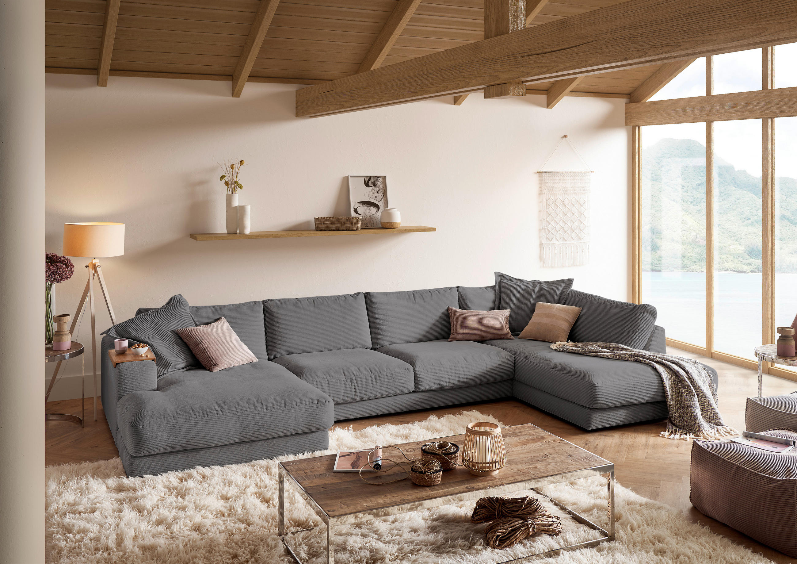 Thumbnail - Hom`in Wohnlandschaft, Dunkelgrau, Textil, Füllung: Schaumstoff, Federn, Ottomane links, U-Form, 425x224 cm, Blauer Enge...