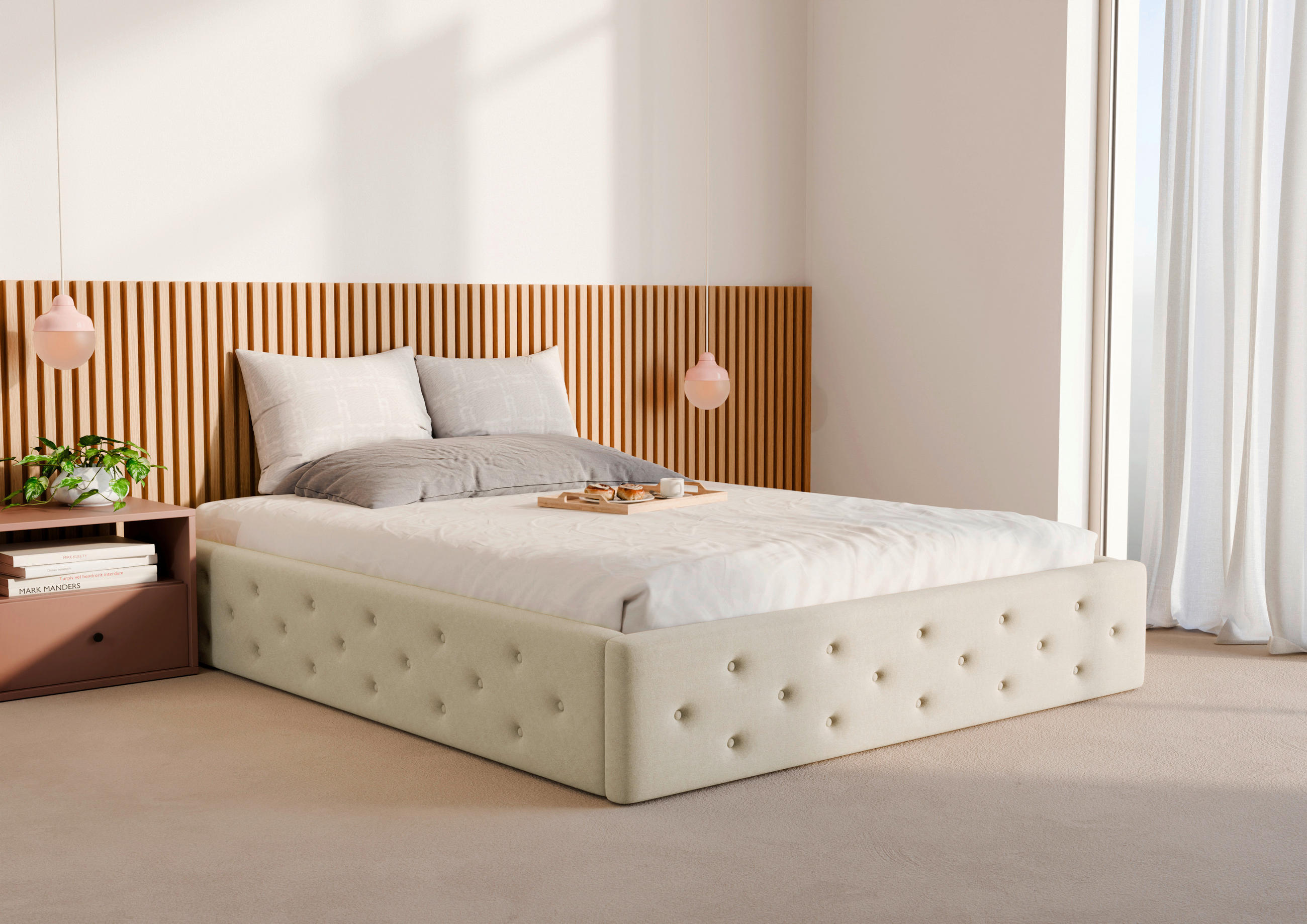 POLSTERBETT 180/200 cm,  in Beige, Lattenrost, Bettkasten,  - Beige/Schwarz, Design, Holz/Textil (180/200cm) - Chameo