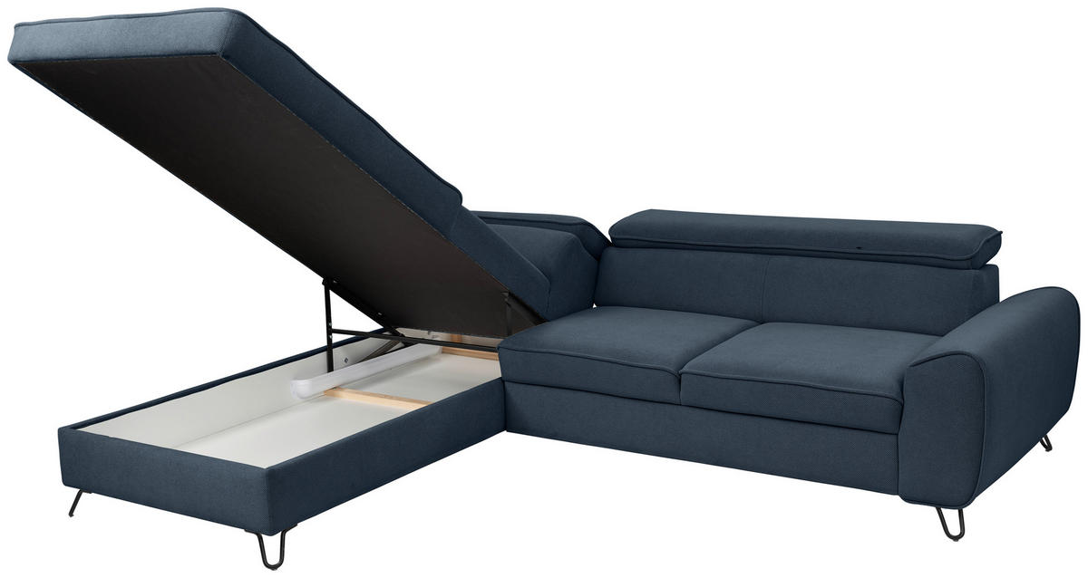 ECKSOFA in Flachgewebe Dunkelblau  - Schwarz/Dunkelblau, Design, Textil/Metall (200/250cm) - Stylife