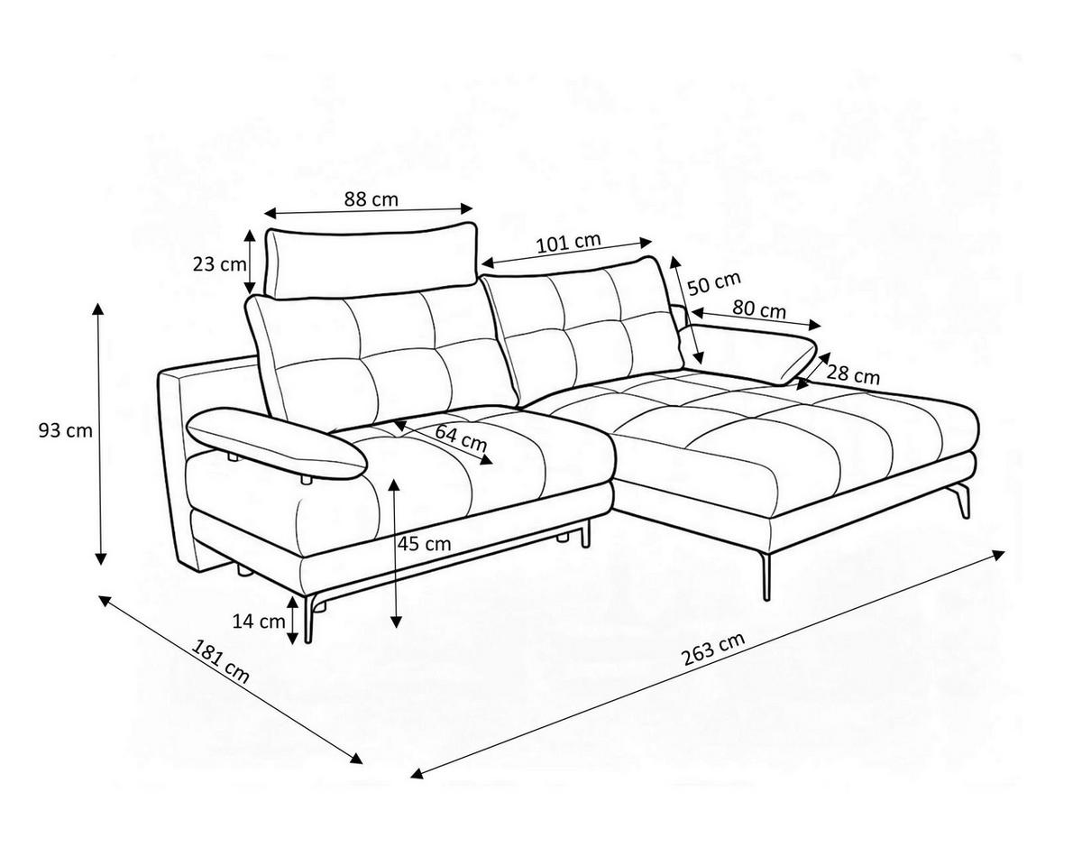 ECKSOFA Beigebraun Struktur Rückenkissen, Bettkasten, Schlaffunktion, Rücken echt, Armteilverstellung, Liegefläche im Originalstoff  - Beige/Beigebraun, MODERN, Textil/Metall (263/181cm) - Carryhome
