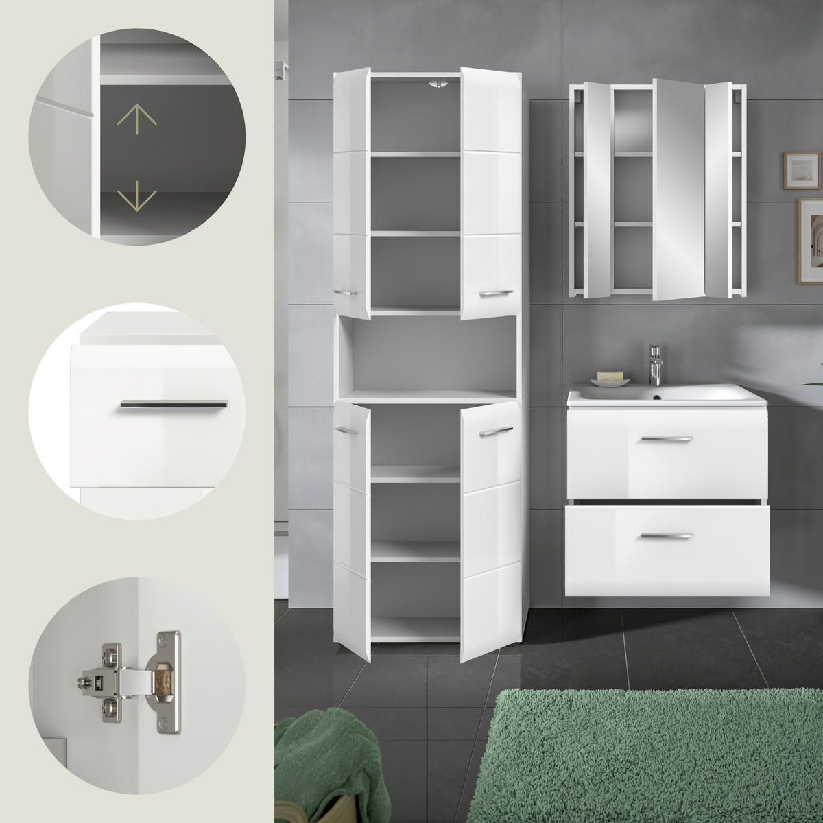 BADEZIMMER 4-teilig  in 120 cm  - Weiß Hochglanz/Silberfarben, MODERN, Keramik/Holzwerkstoff (120cm) - MID.YOU