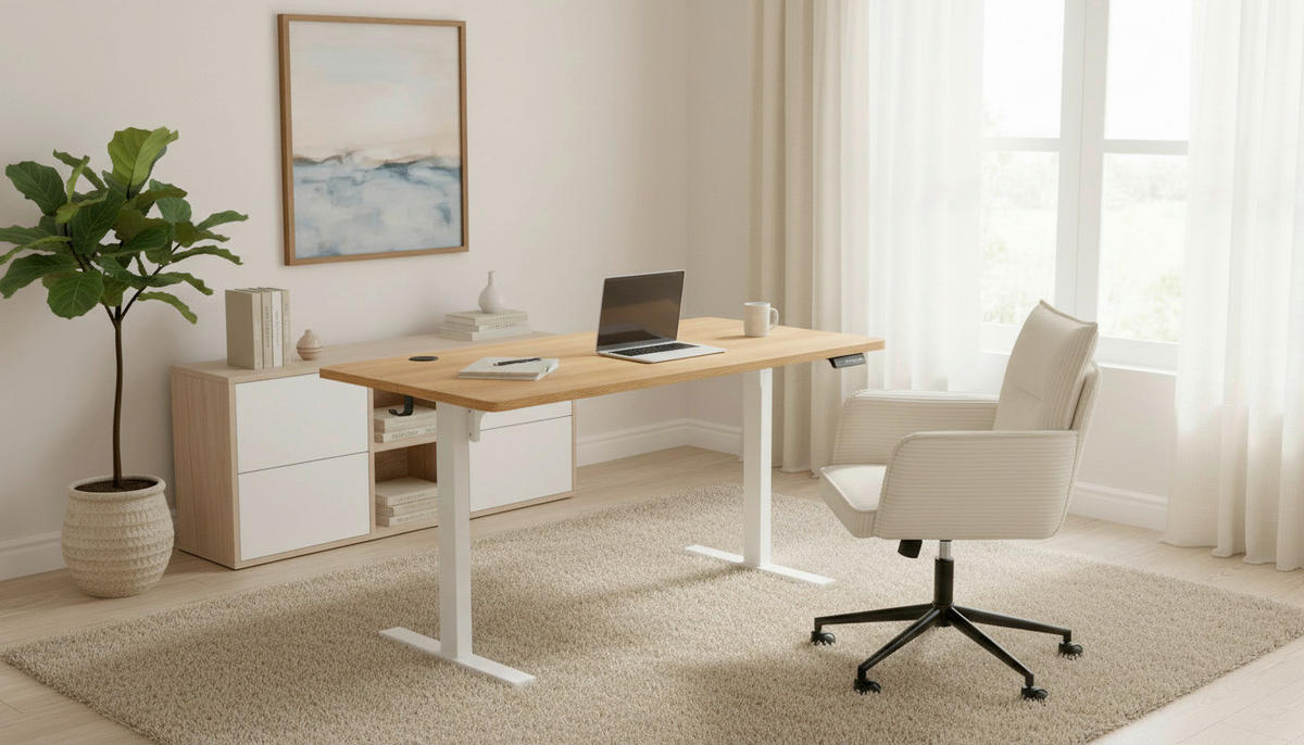 SCHREIBTISCH 140/70/72/118 cm Weiss, Eichefarben höhenverstellbar elektrisch höhenverstellbar  - Weiss/Eichefarben, Modern, Holzwerkstoff/Metall (140/70/72/118cm) - Livetastic