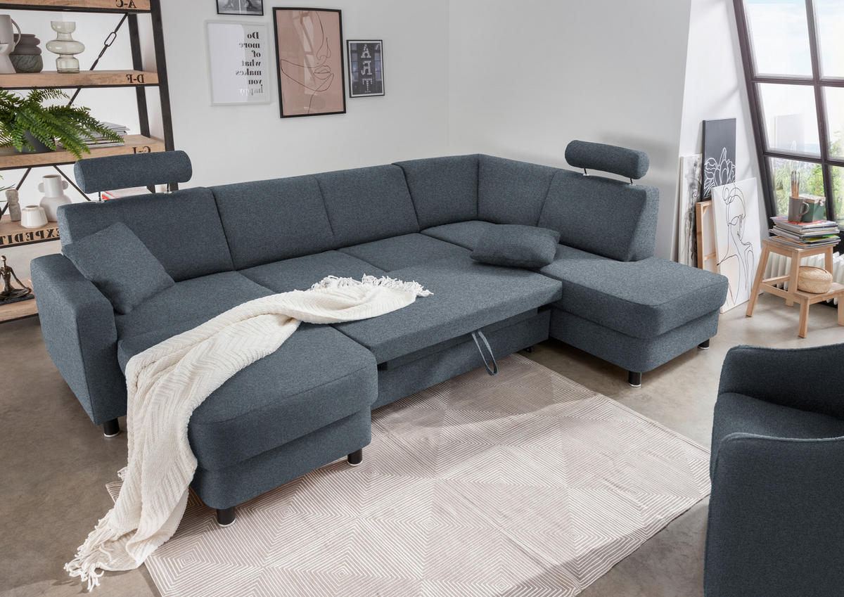 WOHNLANDSCHAFT in Webstoff Blaugrau  - Blaugrau/Schwarz, Design, Holz/Textil (165/296/198cm) - Xora