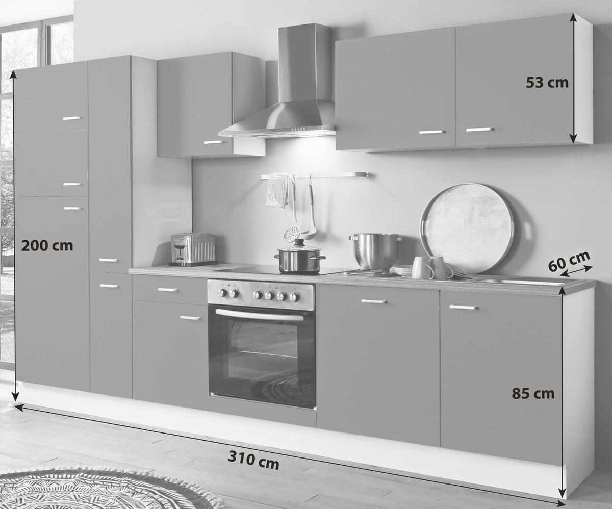 KÜCHENBLOCK 310 cm   in Graphitfarben, Weiß  - Silberfarben/Graphitfarben, KONVENTIONELL, Holzwerkstoff/Kunststoff (310cm) - Menke