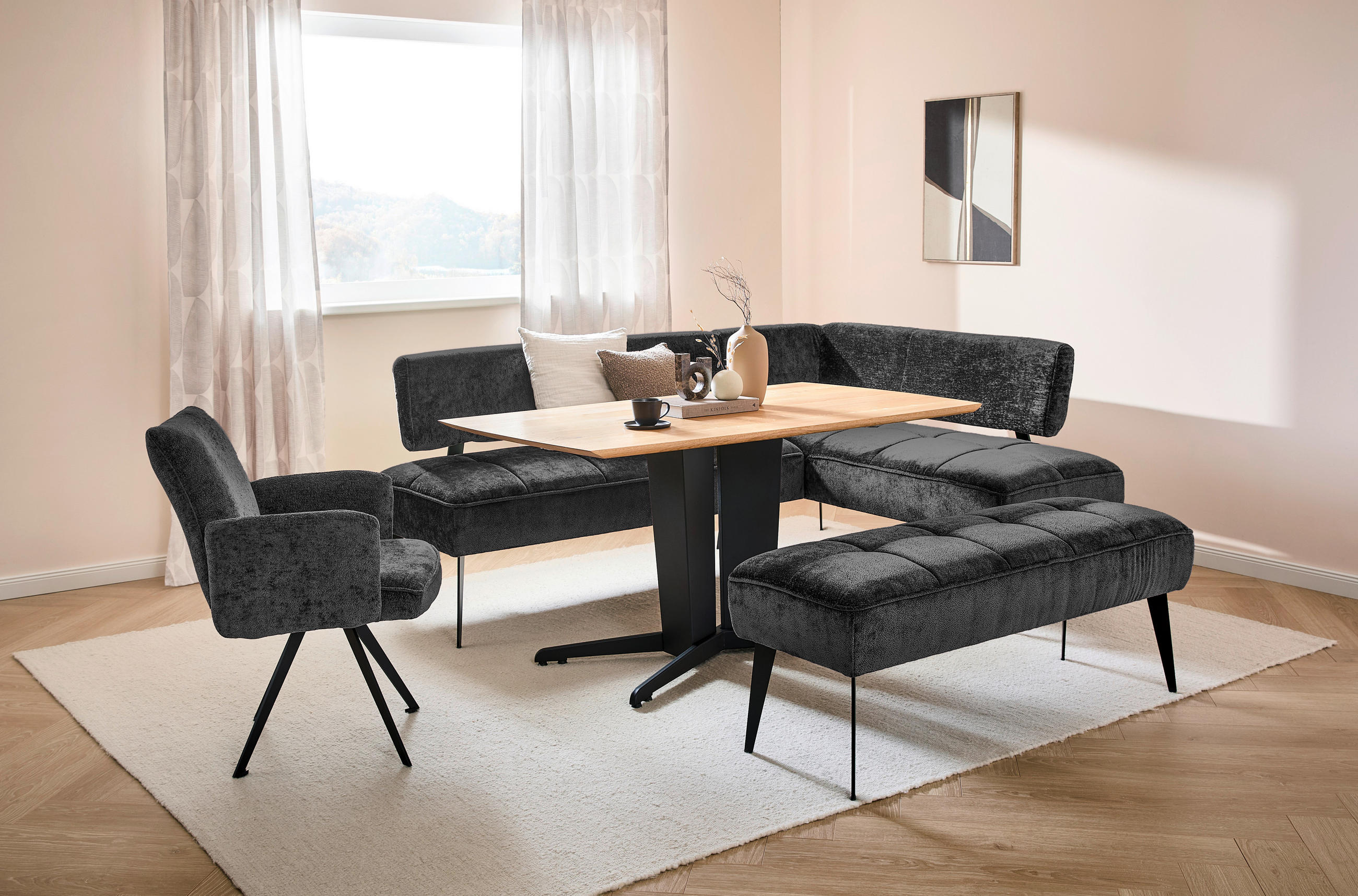 ECKBANK 212/162 cm Webstoff Schwarz Metall   - Schwarz, MODERN, Textil/Metall (212/162cm) - Welnova