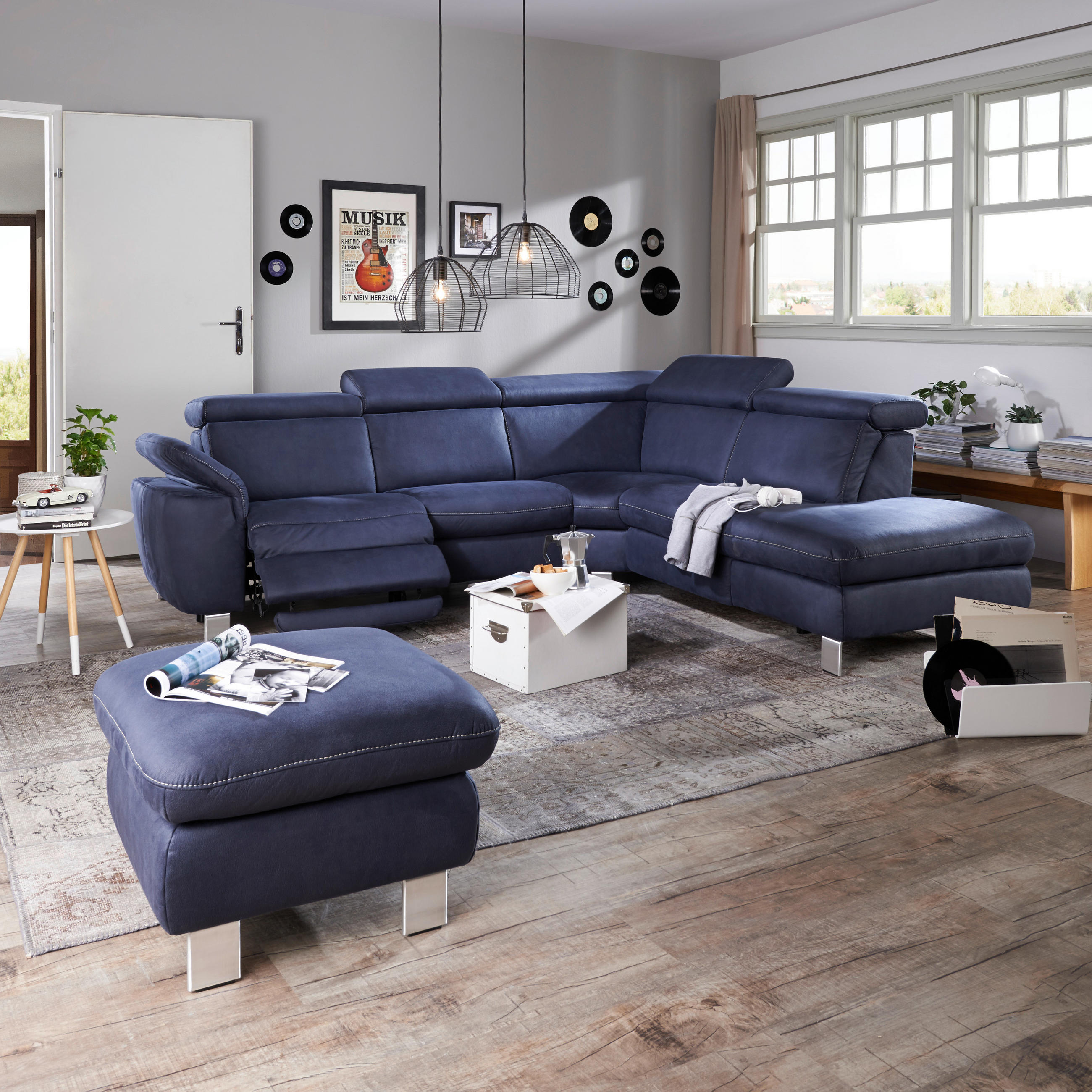 ECKSOFA in Flachgewebe, Mikrofaser Dunkelblau  - Beige/Alufarben, Design, Textil/Metall (239/271cm) - Cantus