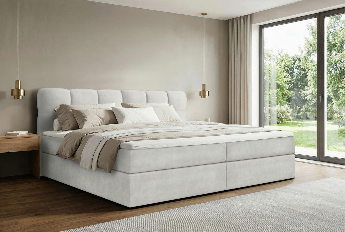 BOXBETT 240/200 cm,  in Creme, Matratze, Bettkasten, Topper, H3 = fest  - Creme/Schwarz, KONVENTIONELL, Kunststoff/Textil (240/200cm) - Chameo