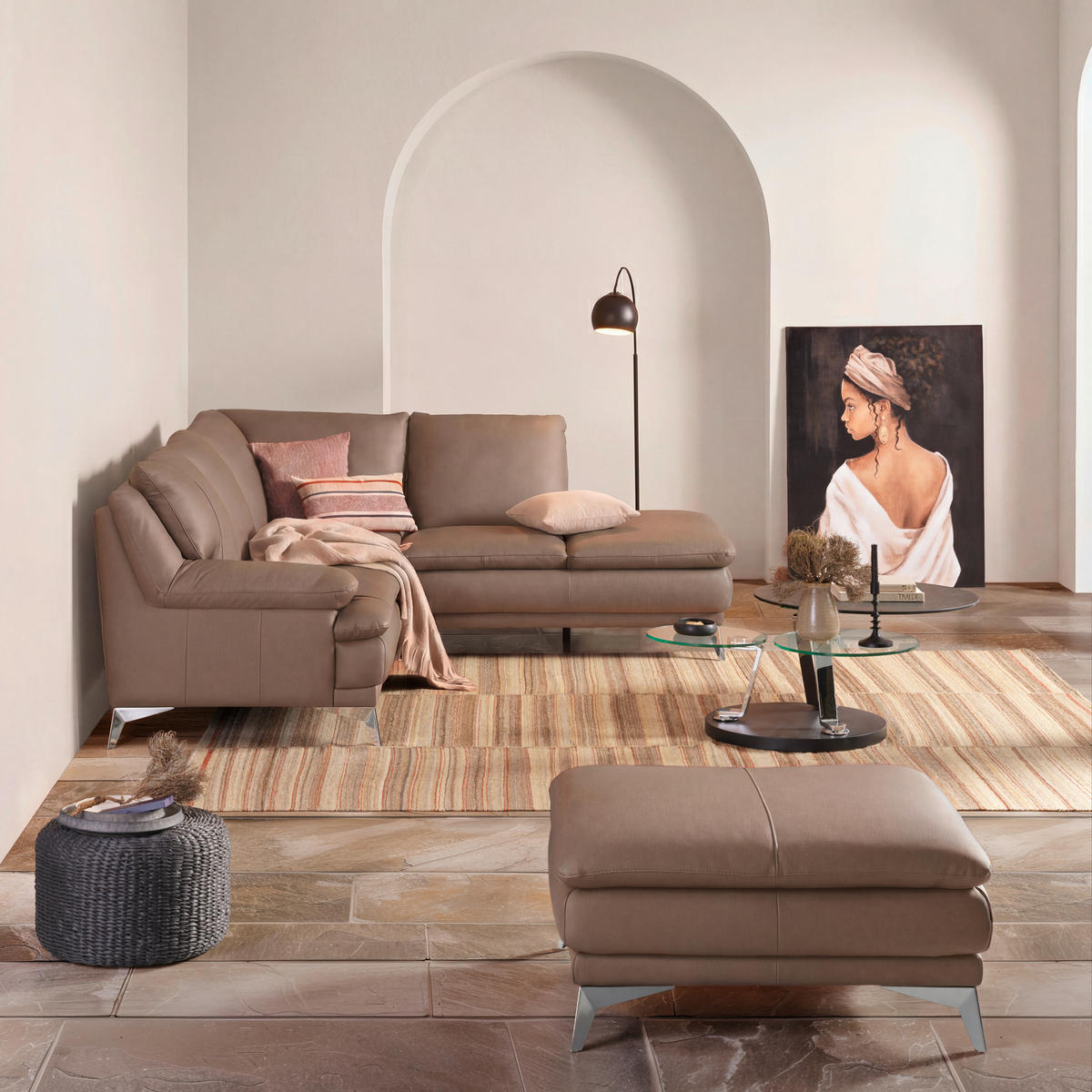 ECKSOFA  in Echtleder Beige  242/224 cm  - Chromfarben/Beige, Design, Leder/Metall (242/224cm) - Novel