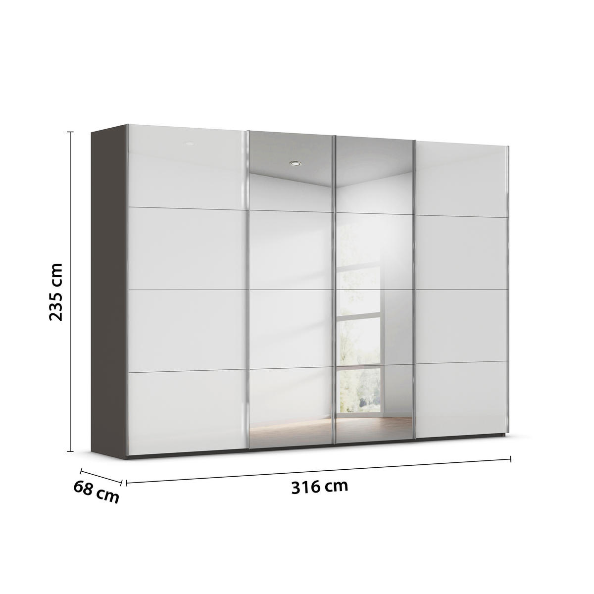 SCHWEBETÜRENSCHRANK 316/235/68 cm 4-türig Graphitfarben, Weiß  - Chromfarben/Graphitfarben, Design, Glas/Holzwerkstoff (316/235/68cm) - Novel