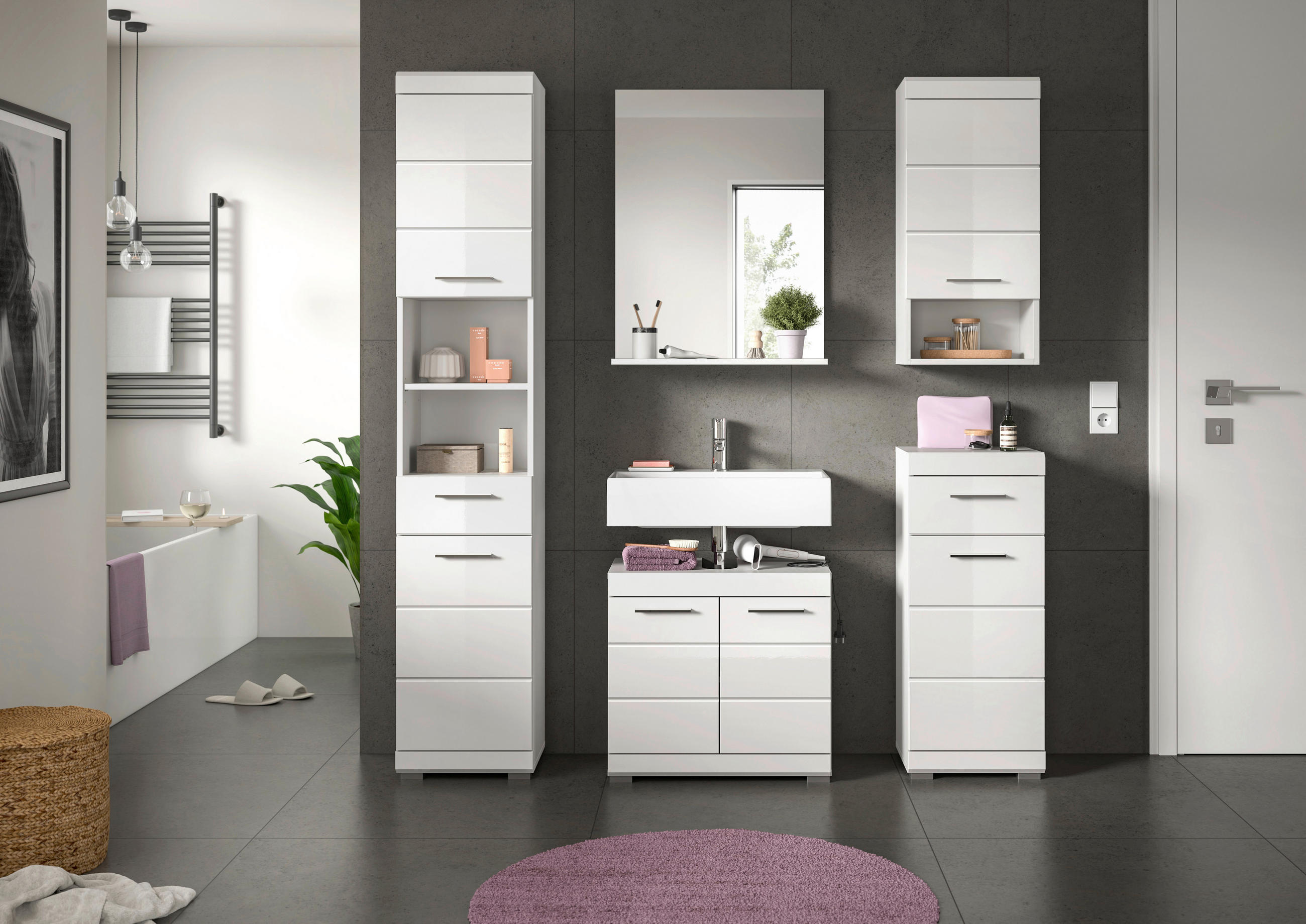 BADEZIMMER 5-teilig  in 134 cm  - Weiß Hochglanz/Silberfarben, MODERN, Glas/Holzwerkstoff (134cm) - MID.YOU