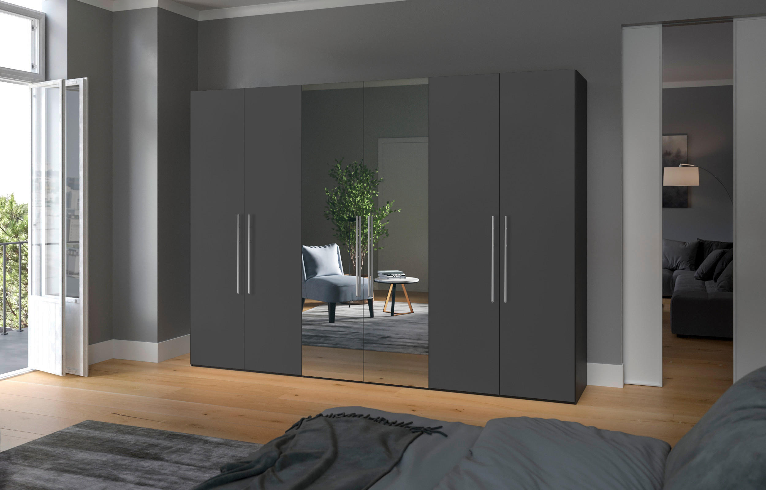 DREHTÜRENSCHRANK in Anthrazit, Schwarz  - Edelstahlfarben/Anthrazit, Design, Glas/Holzwerkstoff (303/236/59cm) - Carryhome