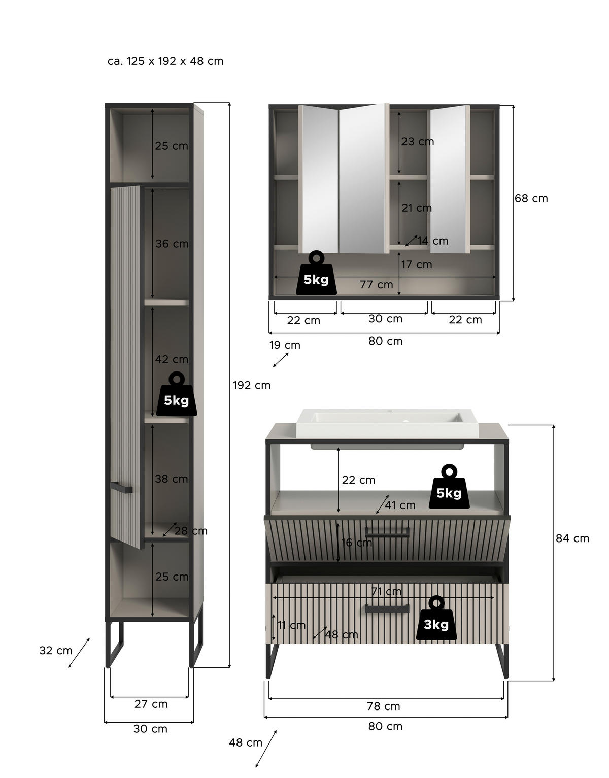 BADEZIMMER 3-teilig  in 110 cm  - Kaschmir/Schwarz, MODERN, Holzwerkstoff/Metall (110cm) - MID.YOU