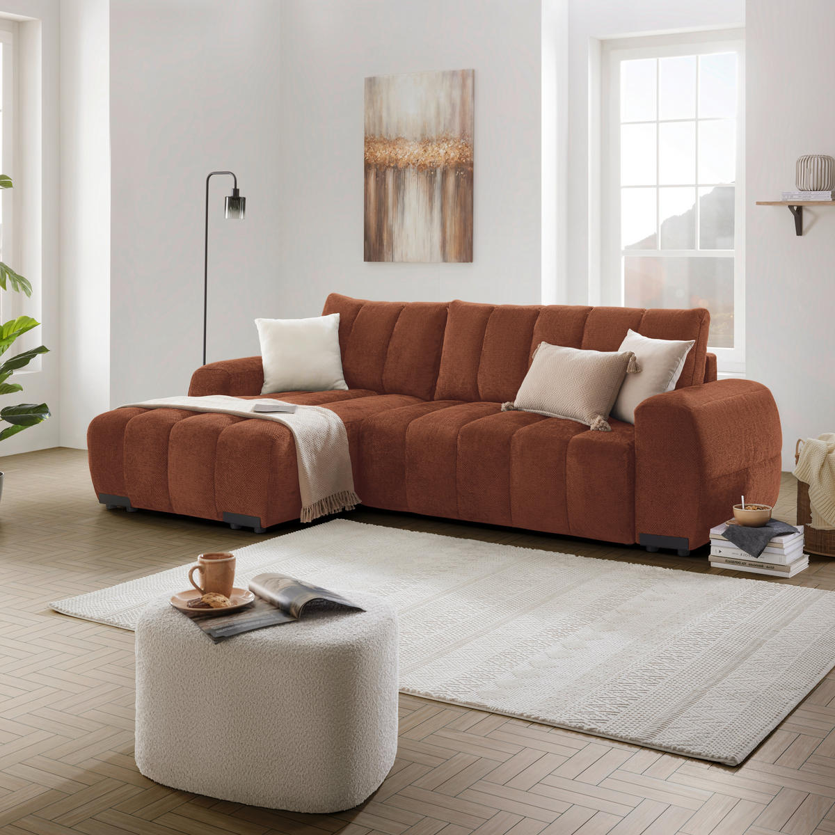 ECKSOFA Flachgewebe Terracotta  - Schwarz Hochglanz/Terracotta, Modern, Textil/Metall (166/93/273cm) - MID.YOU