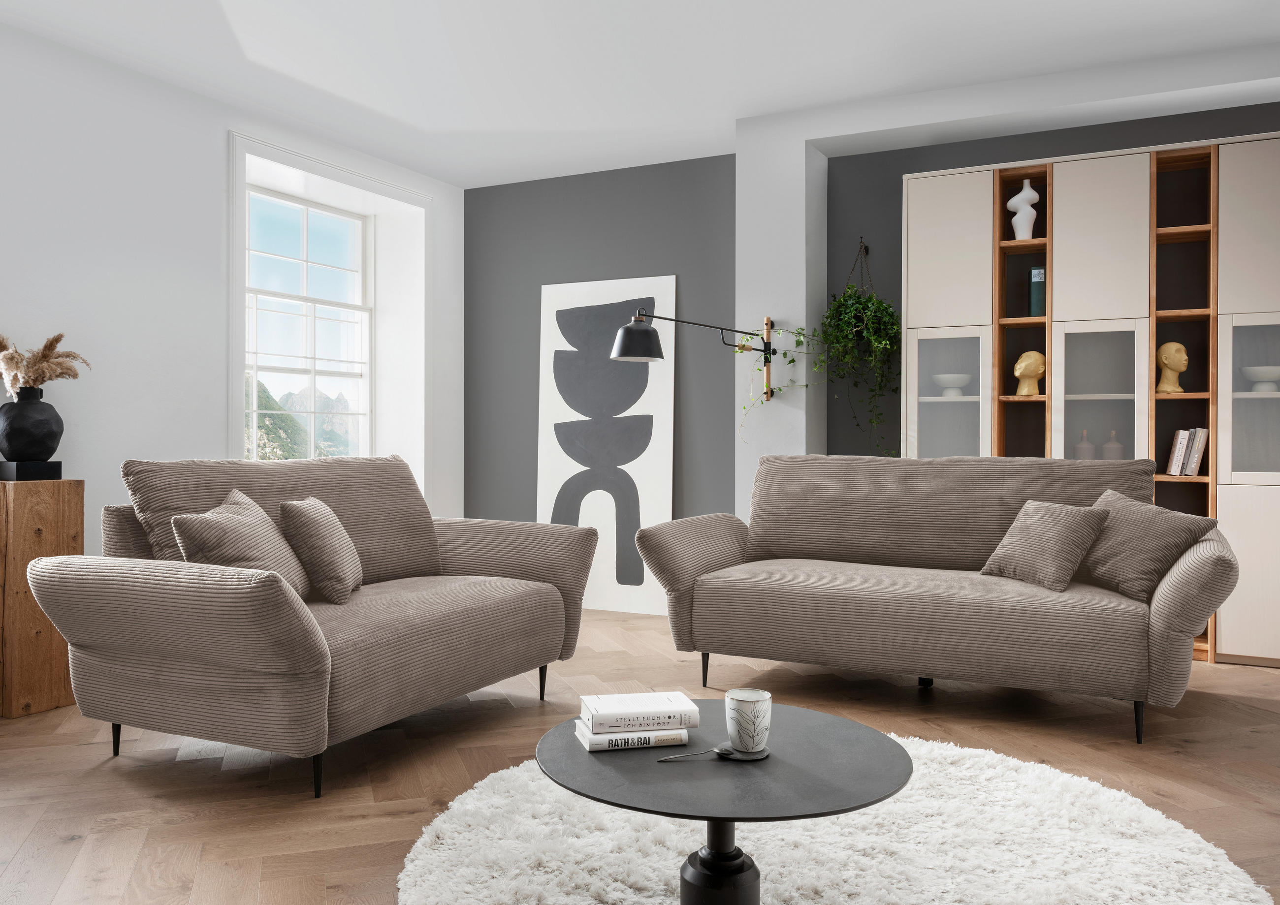 SITZGARNITUR in Cord Graubraun  - Graubraun/Schwarz, Design, Textil/Metall - Livetastic