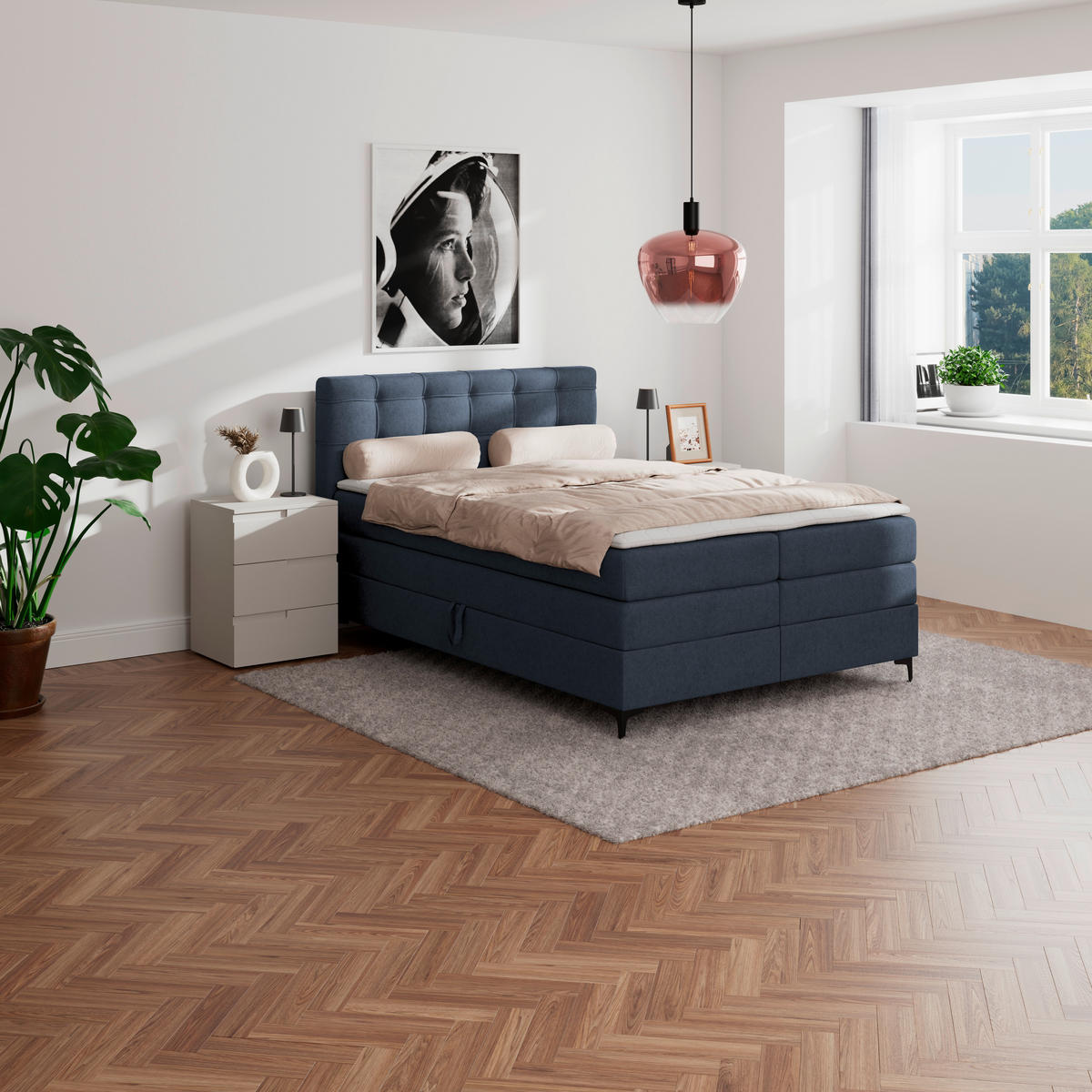 BOXSPRINGBETT 140/200 cm,  in Dunkelblau, H3 = fest  - Schwarz/Dunkelblau, KONVENTIONELL, Kunststoff/Textil (140/200cm)