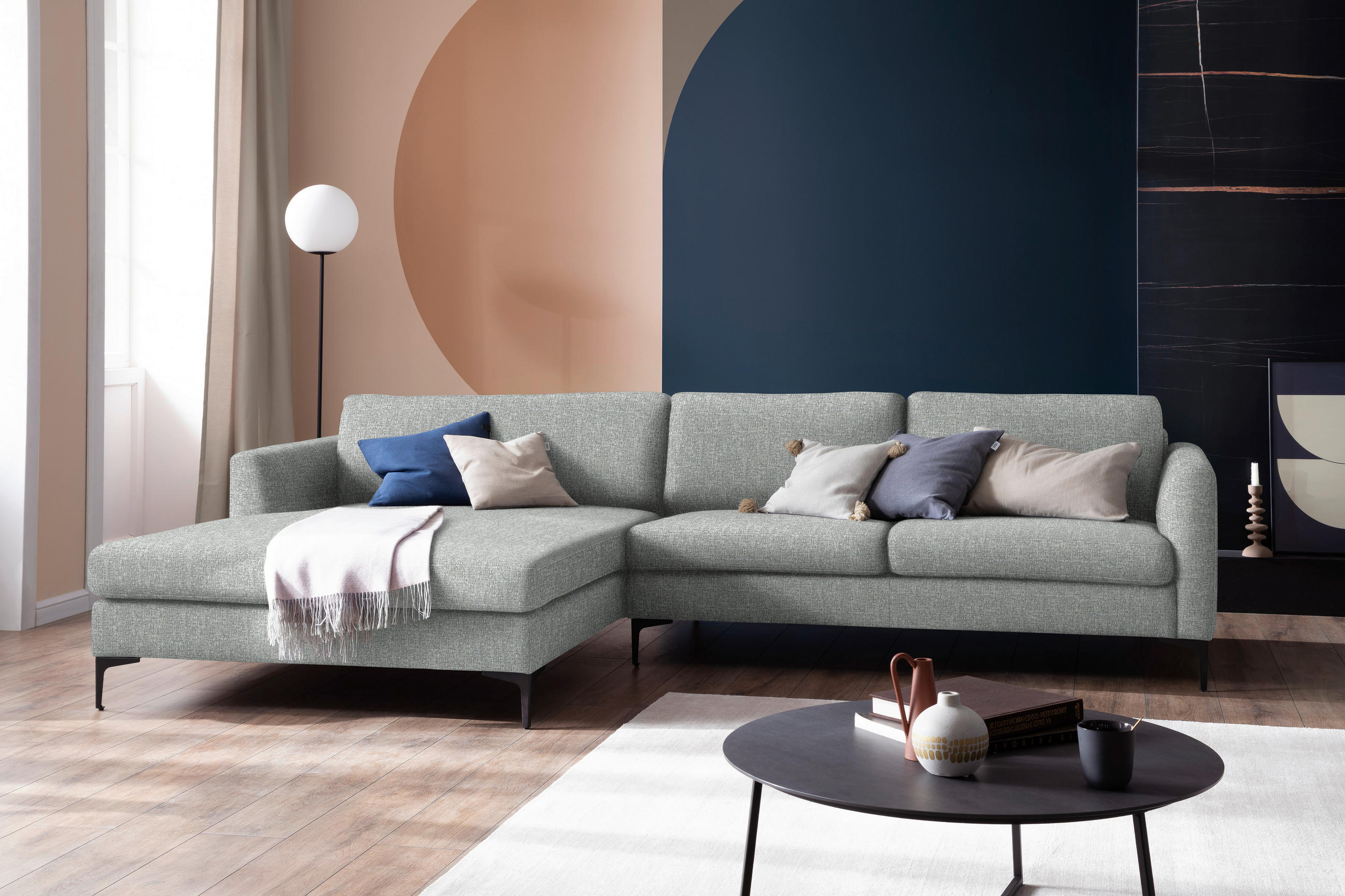ECKSOFA in Flachgewebe Hellgrau  195/310 cm  - Hellgrau/Schwarz, Design, Textil/Metall (195/310cm) - Schöner Wohnen