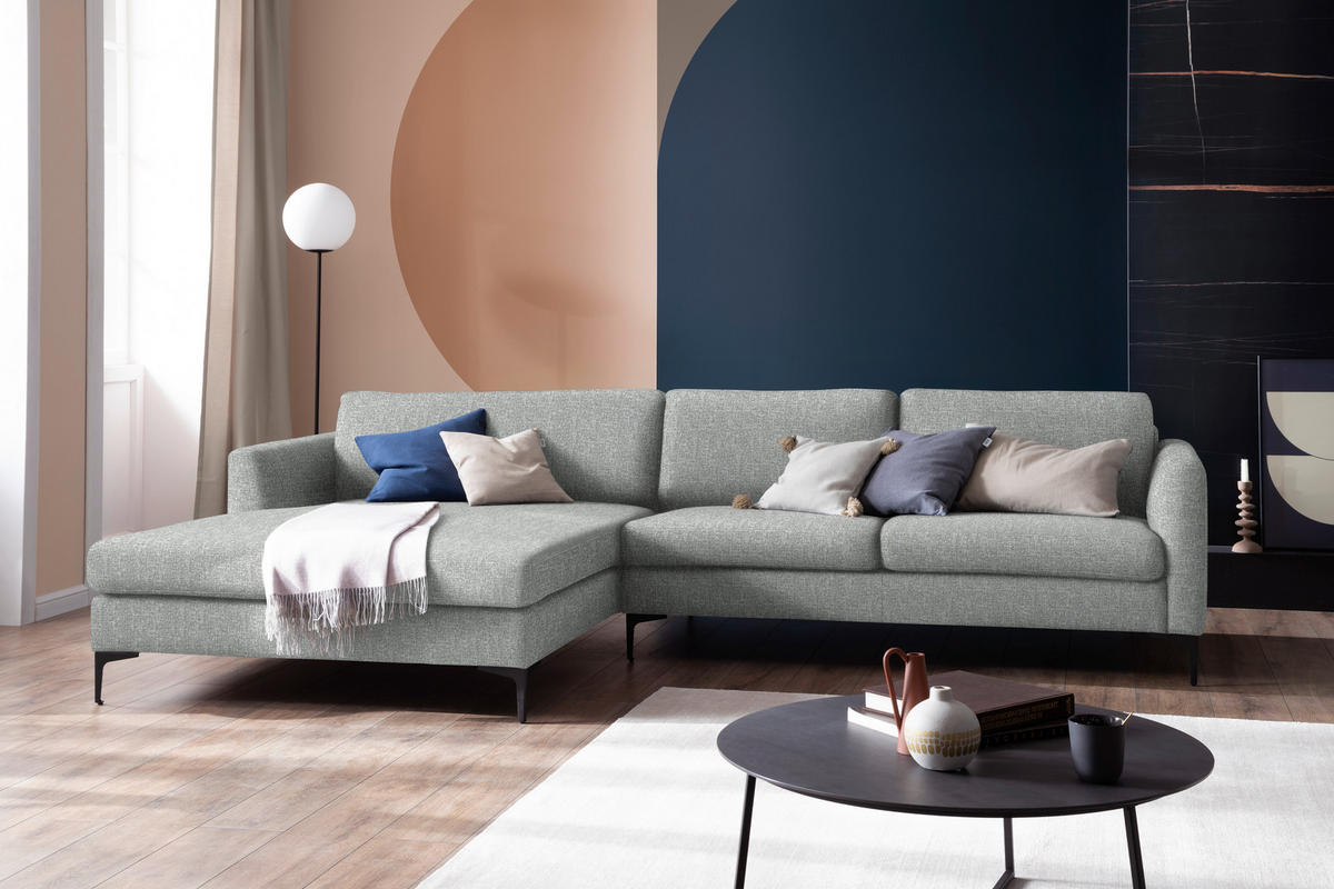 ECKSOFA in Flachgewebe Hellgrau  195/310 cm  - Hellgrau/Schwarz, Design, Textil/Metall (195/310cm) - Schöner Wohnen