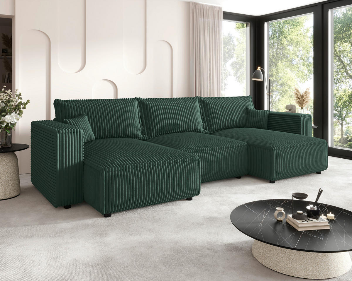 WOHNLANDSCHAFT Dunkelgrün Cord  - Dunkelgrün/Schwarz, MODERN, Kunststoff/Textil (153/350/153cm) - Xora