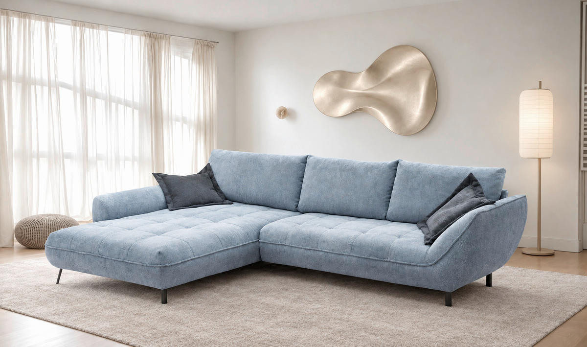 ECKSOFA BIARRITZ Blau Struktur Zierkissen, Rückenkissen  - Blau/Schwarz, Design, Textil/Metall (205/324cm) - MID.YOU