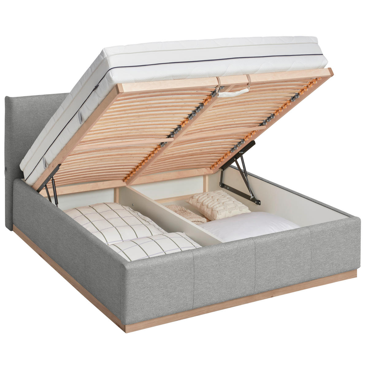 POLSTERBETT Beleuchtung, Lattenrost, Bettkasten Grau 160/200 cm  - Birkefarben/Grau, Design, Holz/Holzwerkstoff (160/200cm) - Lomoco