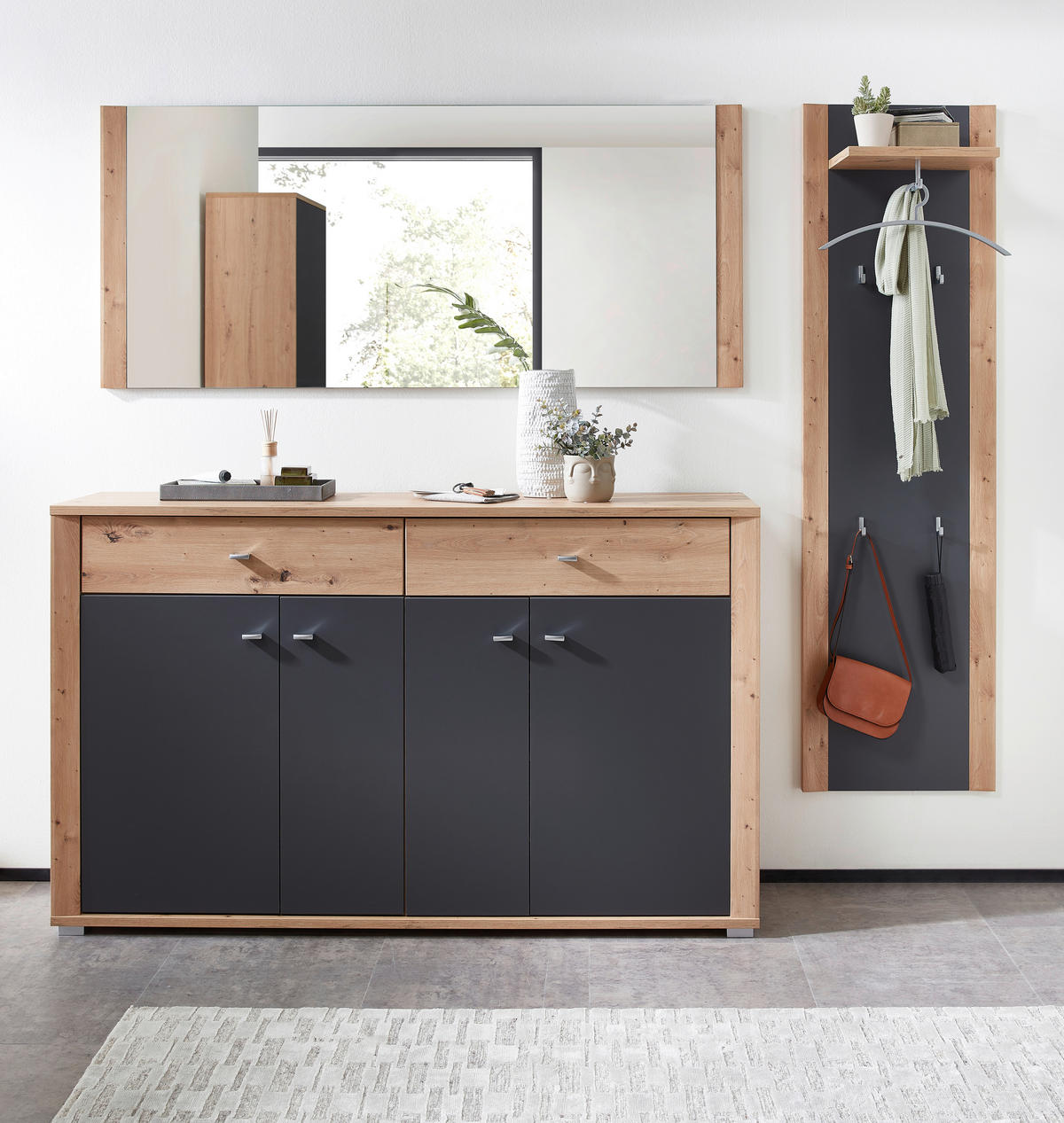 Ansamblu De Hol, 3 piese, 222/199/38 cm  - grafit/stejar Artisan, Design, material pe bază de lemn (222/199/38cm) - Xora