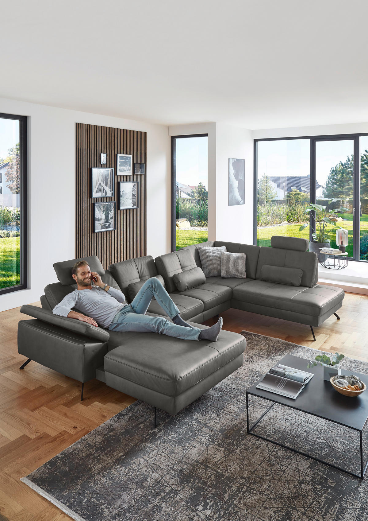 WOHNLANDSCHAFT in Lederlook, Mikrofaser Dunkelgrau  - Dunkelgrau/Schwarz, Design, Textil/Metall (179/343/220cm) - Beldomo System