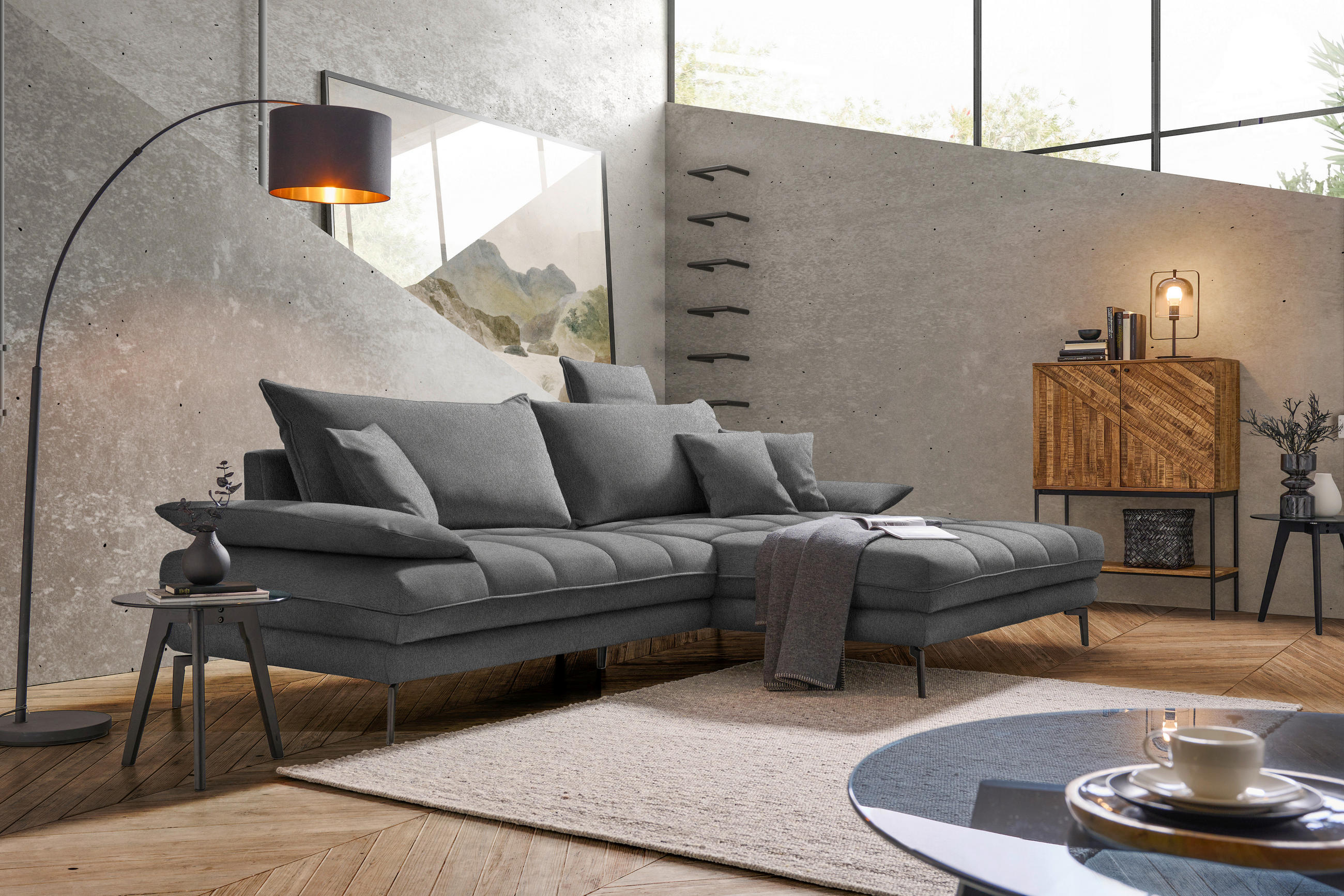 ECKSOFA in Webstoff Graubraun  292/176 cm  - Graubraun/Schwarz, MODERN, Textil/Metall (292/176cm) - Carryhome
