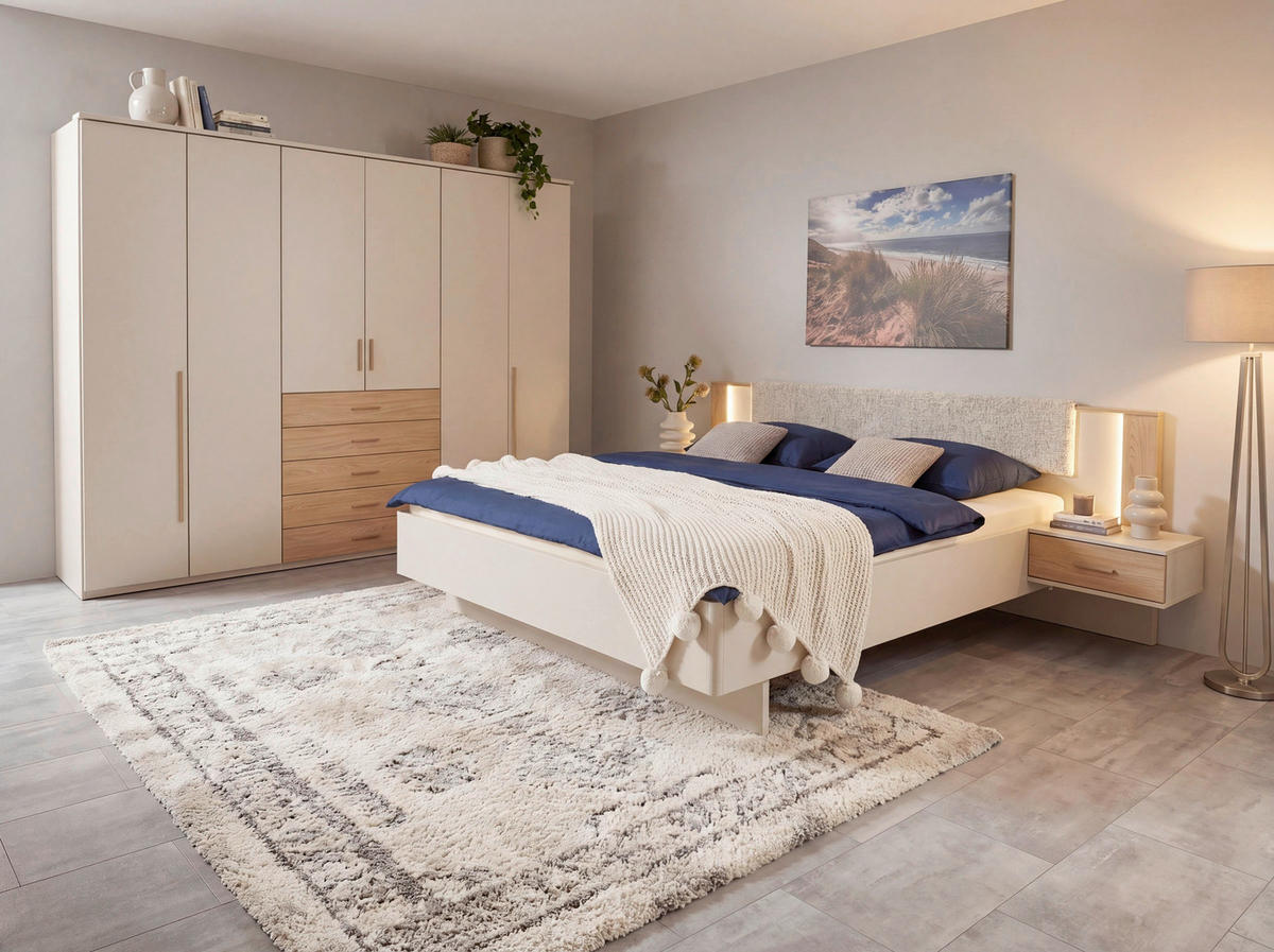 POSTELJNA GARNITURA  180 cm  x  200 cm , leseni material barve hrasta, kašmir  - kašmir/barve hrasta, Konvencionalno, leseni material (180/200cm) - Xora