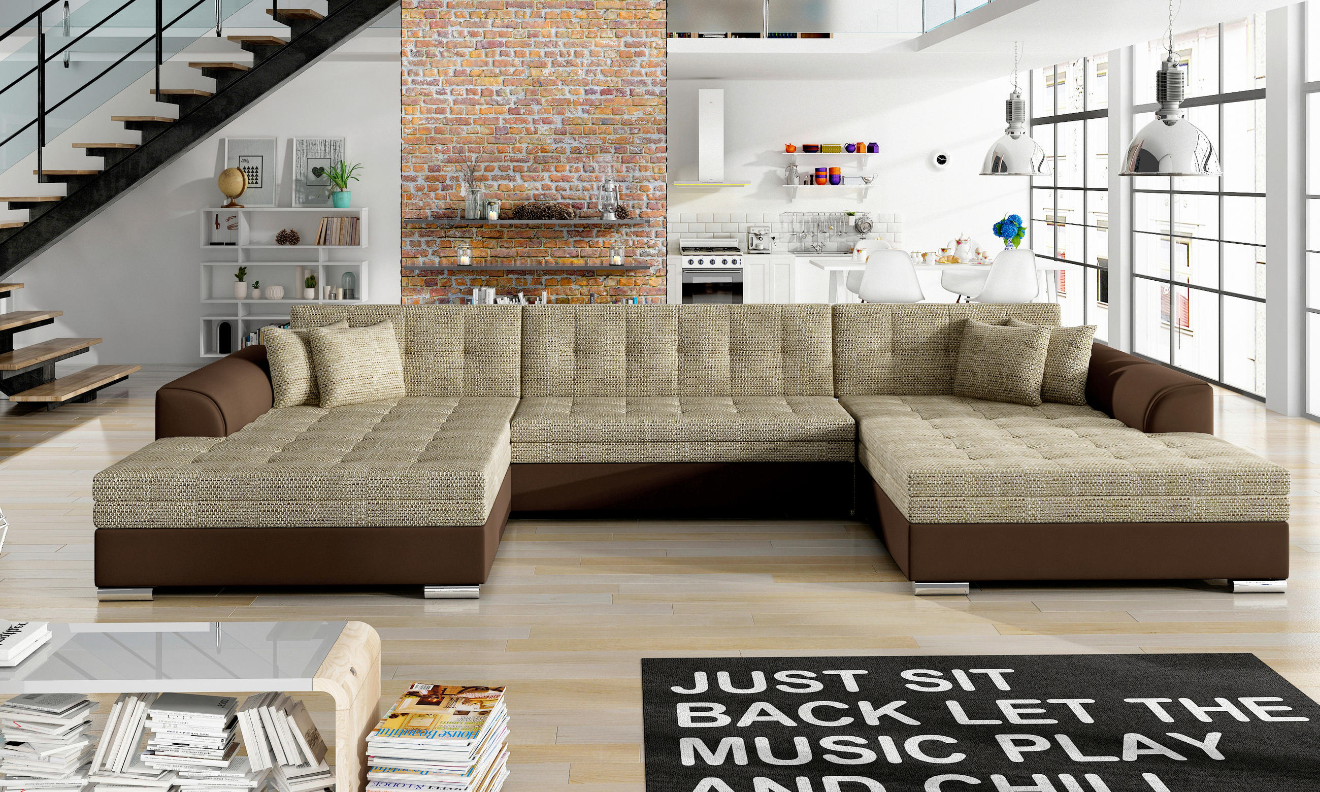 WOHNLANDSCHAFT in Webstoff Hellbraun, Rotbraun  - Chromfarben/Hellbraun, Design, Kunststoff/Textil (165/359/165cm) - MID.YOU