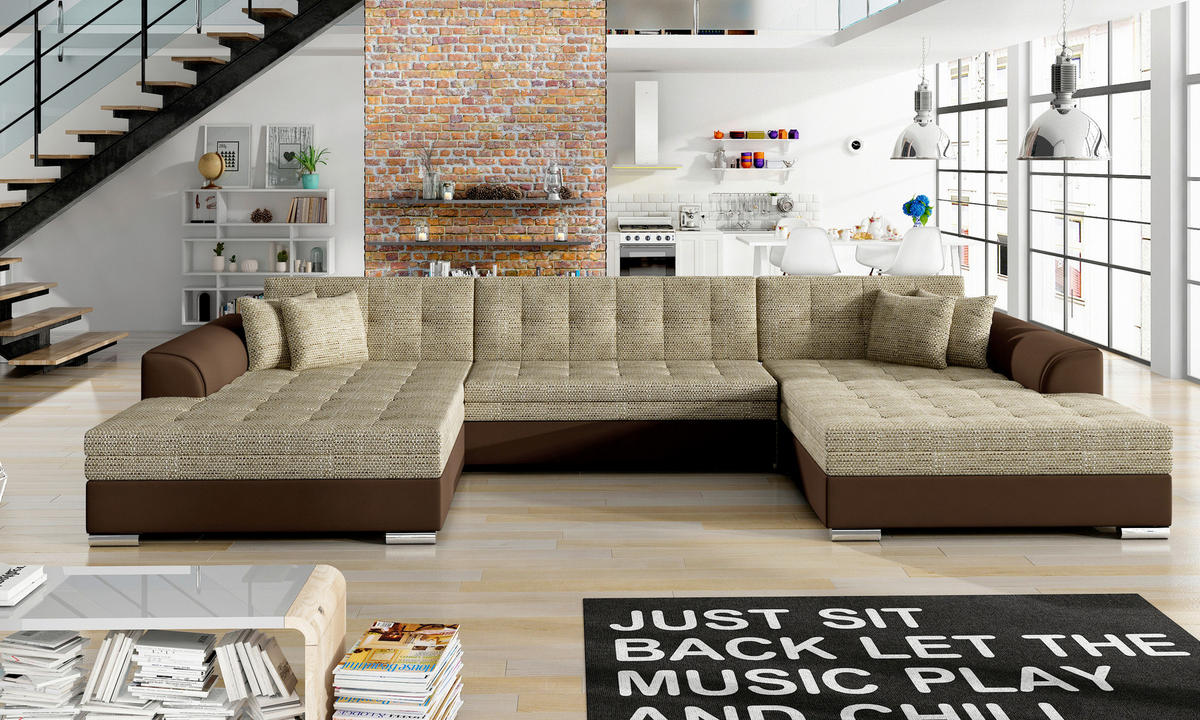 WOHNLANDSCHAFT Hellbraun, Rotbraun Webstoff  - Chromfarben/Hellbraun, Design, Kunststoff/Textil (165/359/165cm) - MID.YOU