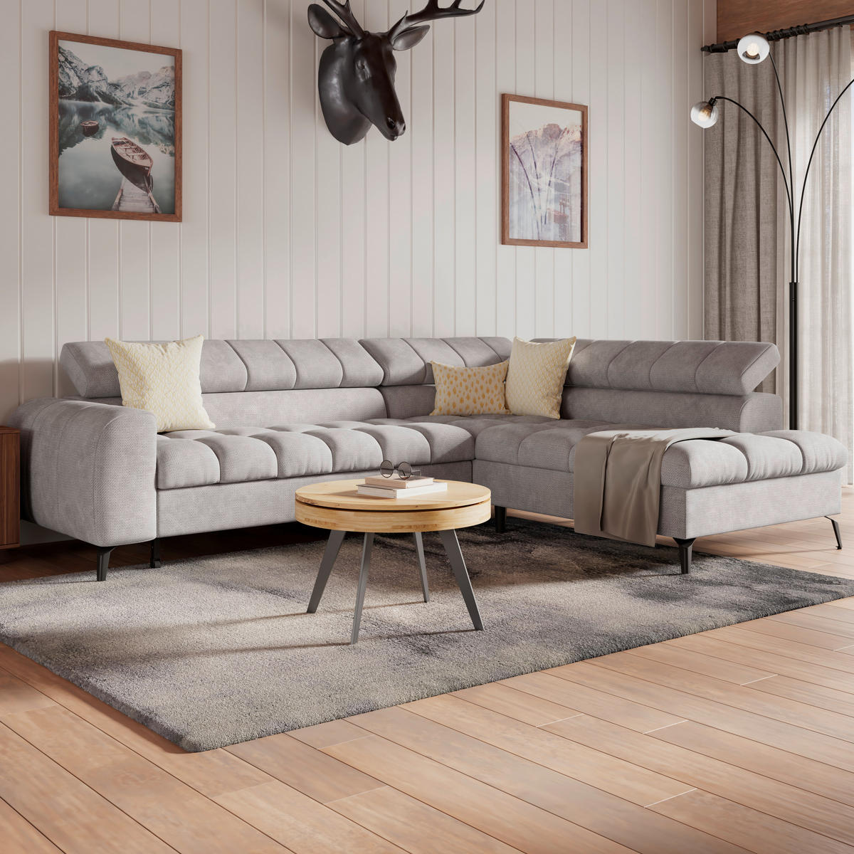 ECKSOFA VOLF Hellgrau Flachgewebe  - Hellgrau/Schwarz, Trend, Kunststoff/Textil (261/203cm) - Livetastic