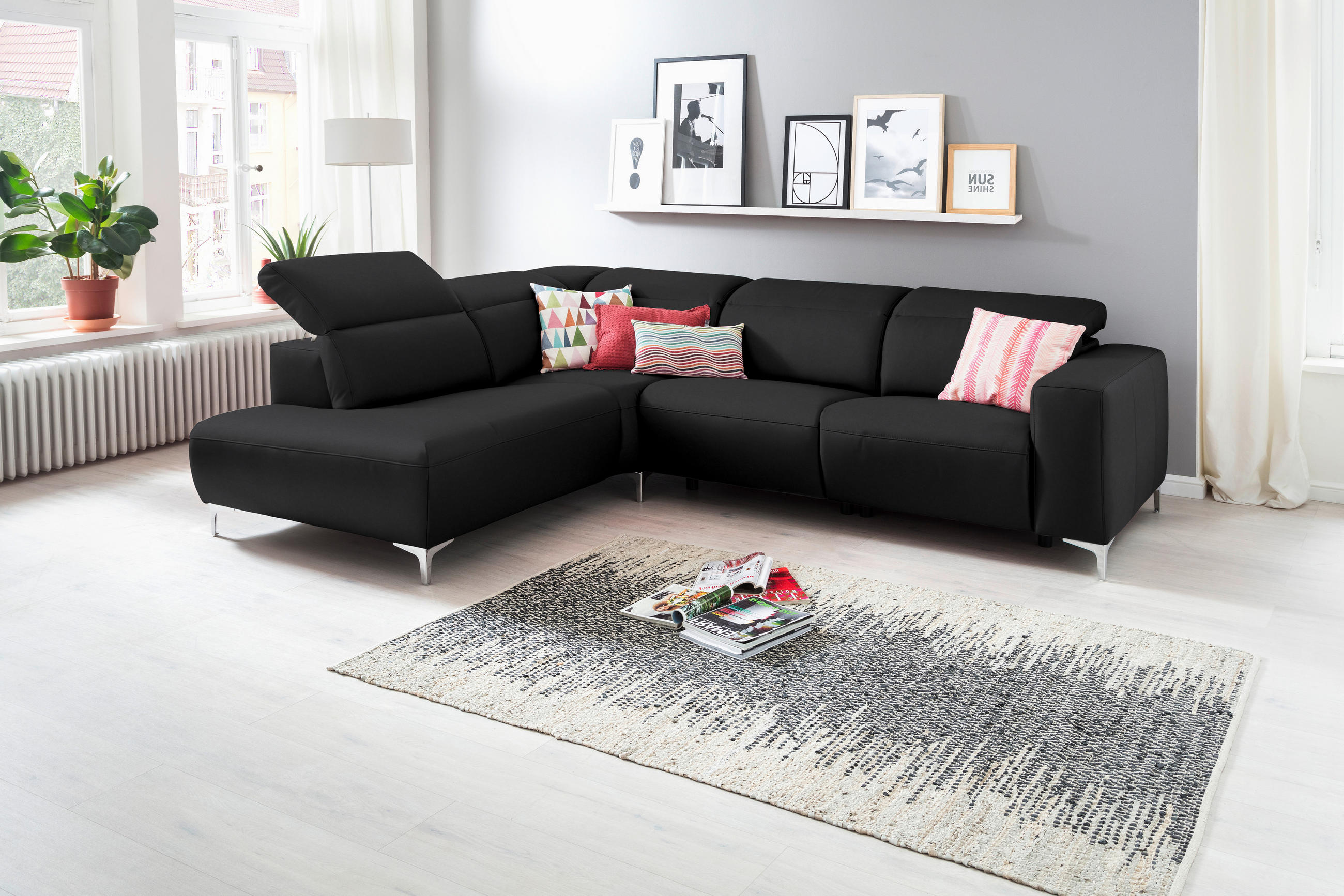 ECKSOFA Schwarz Echtleder  - Chromfarben/Schwarz, Design, Leder/Metall (223/290cm) - Pure Home Lifestyle
