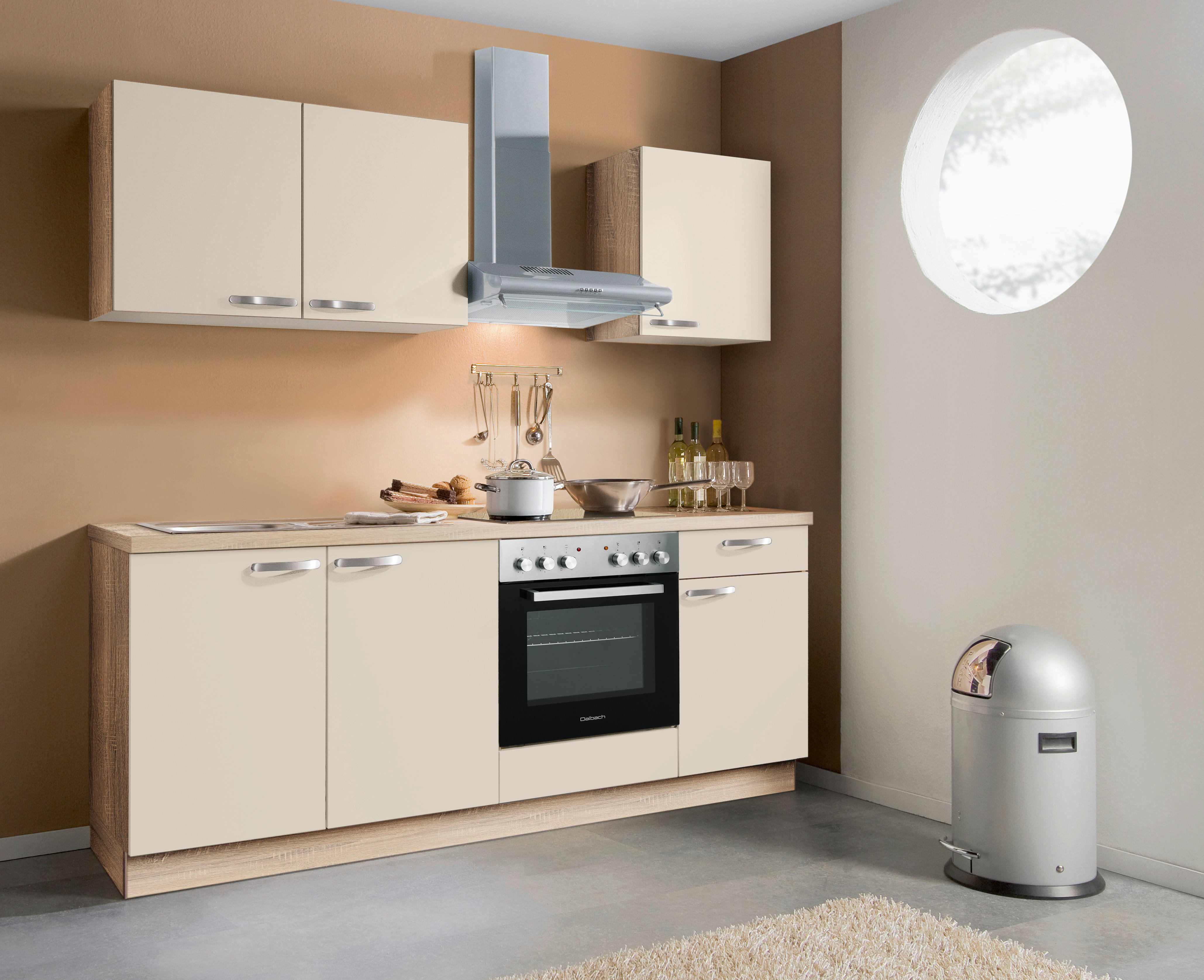 KÜCHENBLOCK 200 cm   in Creme, Eichefarben  - Edelstahlfarben/Eichefarben, KONVENTIONELL, Holzwerkstoff/Metall (200cm) - Express